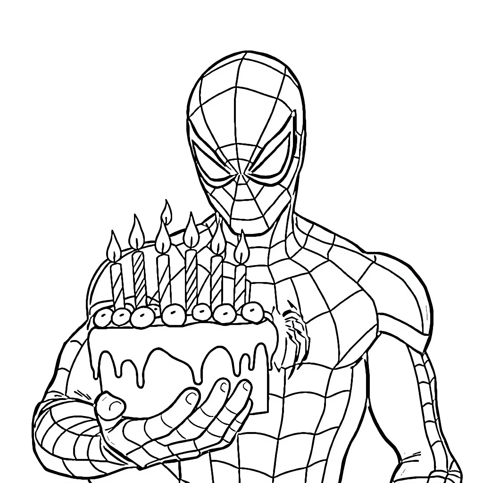 Spiderman celebrating with birthday cake Coloring Page (free black-and-white line drawing printable PDF for all, from beginners to advanced learners, including children, teens, adults, and seniors)