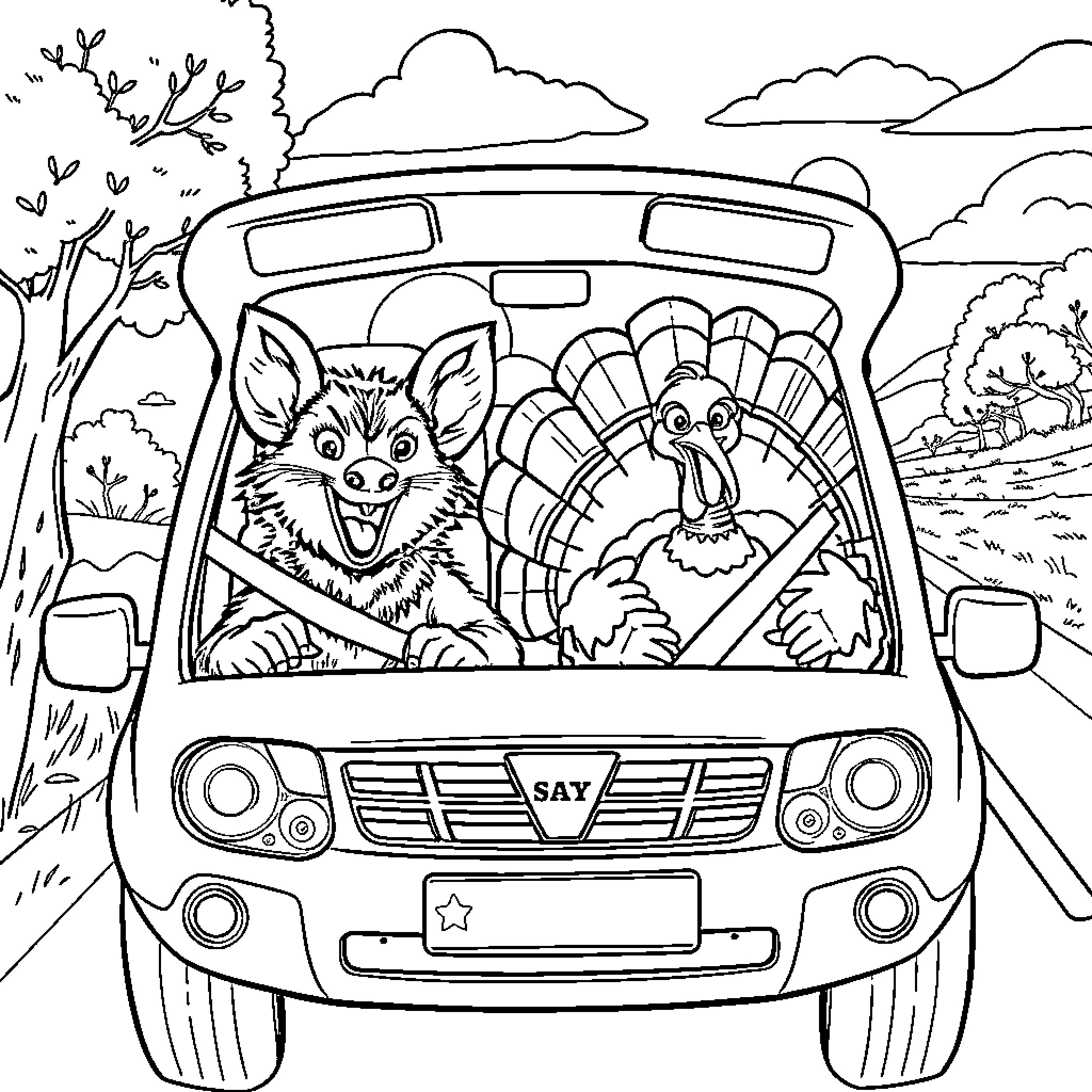 Tasmanian Devil Driving Car with Turkey Coloring Page (free black-and-white line drawing printable PDF for all, from beginners to advanced learners, including children, teens, adults, and seniors)