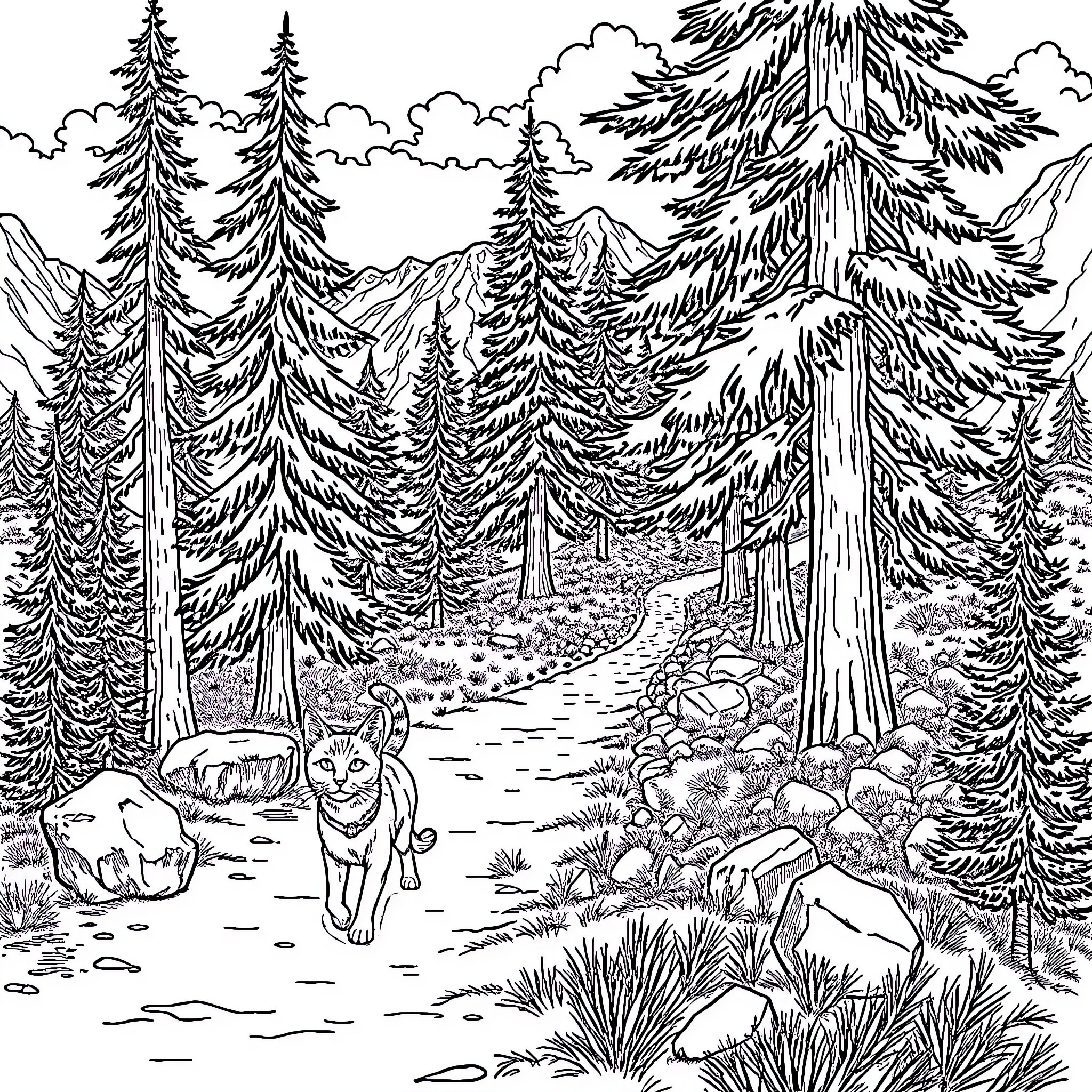 Traileuse in the Serene Forest Coloring Page (free black-and-white line drawing printable PDF for all, from beginners to advanced learners, including children, teens, adults, and seniors)