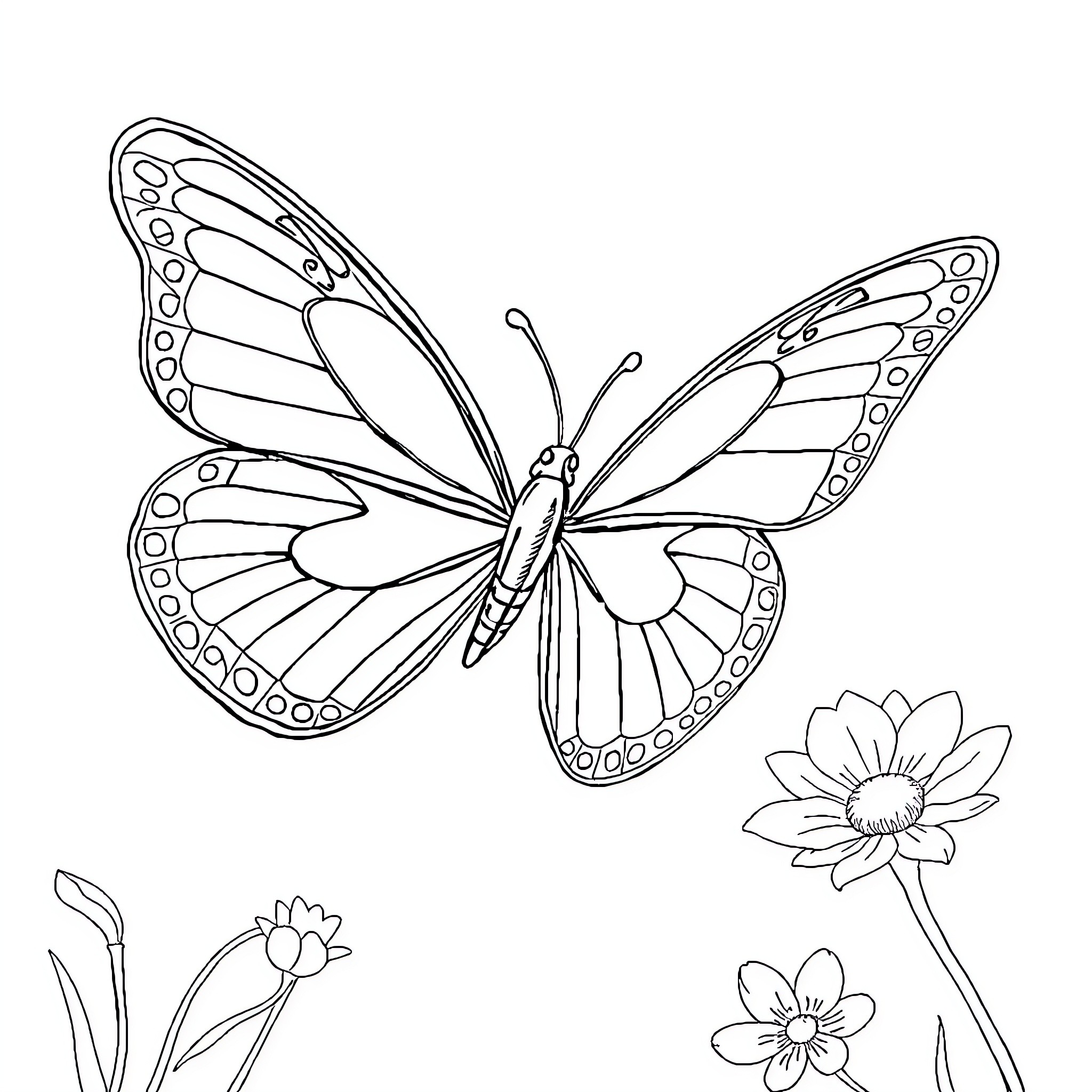 Butterfly gracefully spreads its wings amid flowers Coloring Page (free black-and-white line drawing printable PDF for all, from beginners to advanced learners, including children, teens, adults, and seniors)