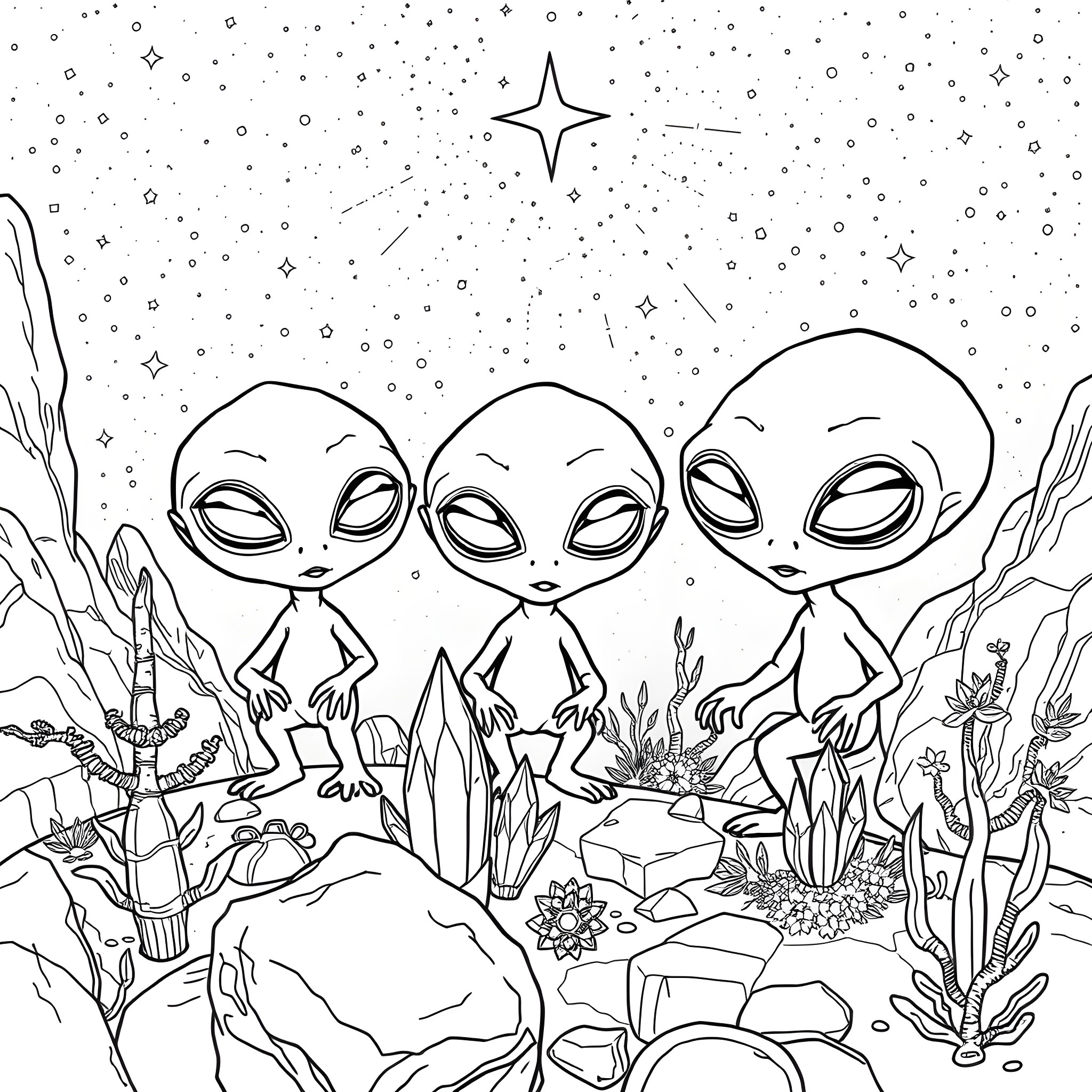 Alien Explorers in a Celestial Landscape Coloring Page (free black-and-white line drawing printable PDF for all, from beginners to advanced learners, including children, teens, adults, and seniors)