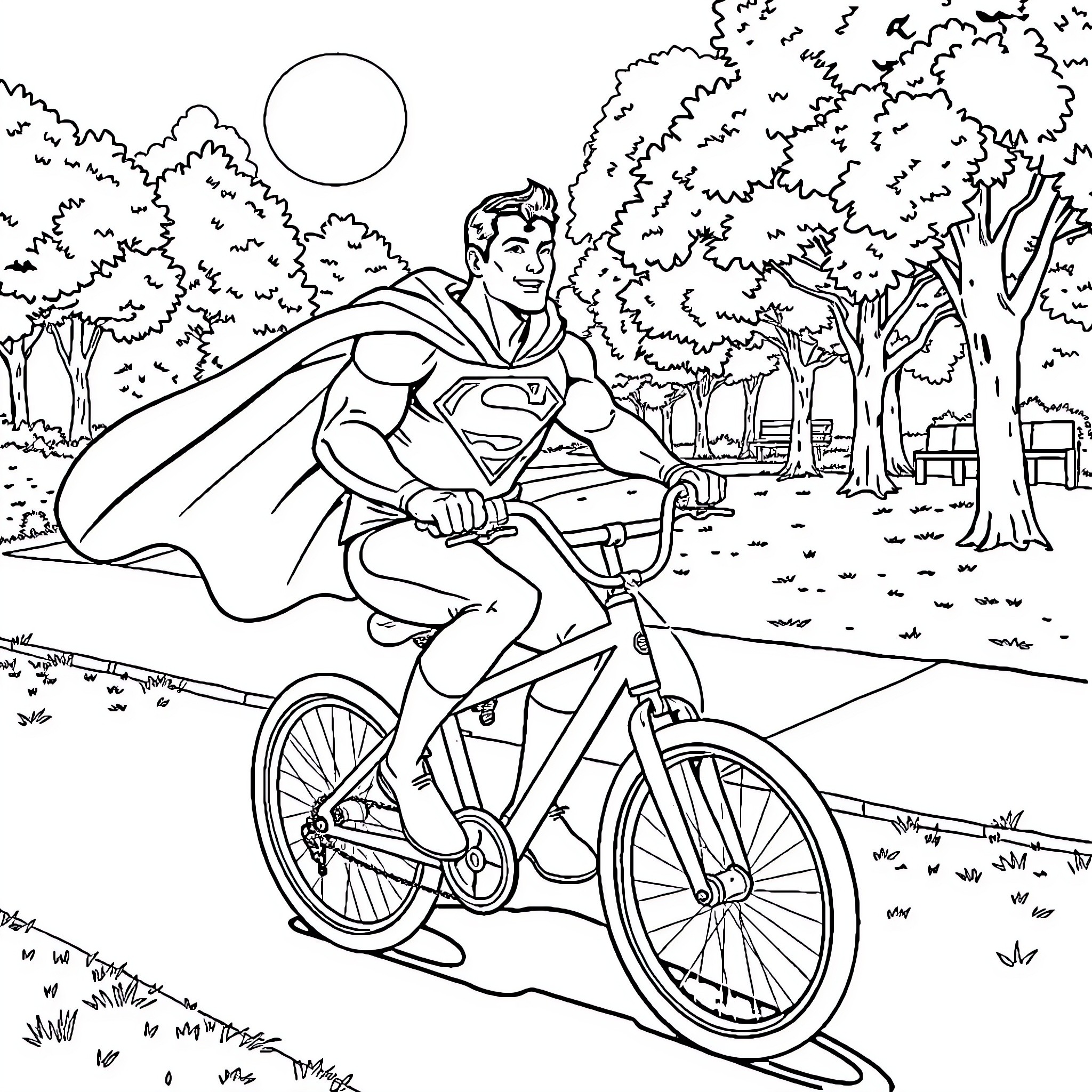 Superman biking through a serene park Coloring Page (free black-and-white line drawing printable PDF for all, from beginners to advanced learners, including children, teens, adults, and seniors)
