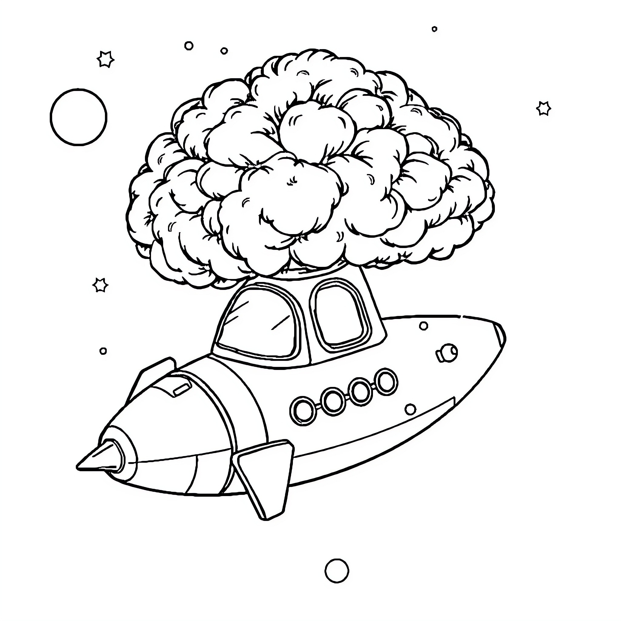 Spaceship soaring through cosmic clouds Coloring Page (free black-and-white line drawing printable PDF for all, from beginners to advanced learners, including children, teens, adults, and seniors)