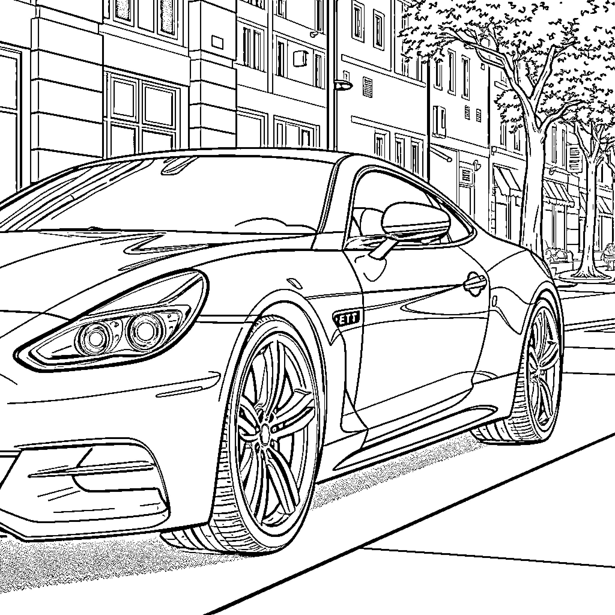 Car parked on the street in a city Coloring Page (free black-and-white line drawing printable PDF for all, from beginners to advanced learners, including children, teens, adults, and seniors)