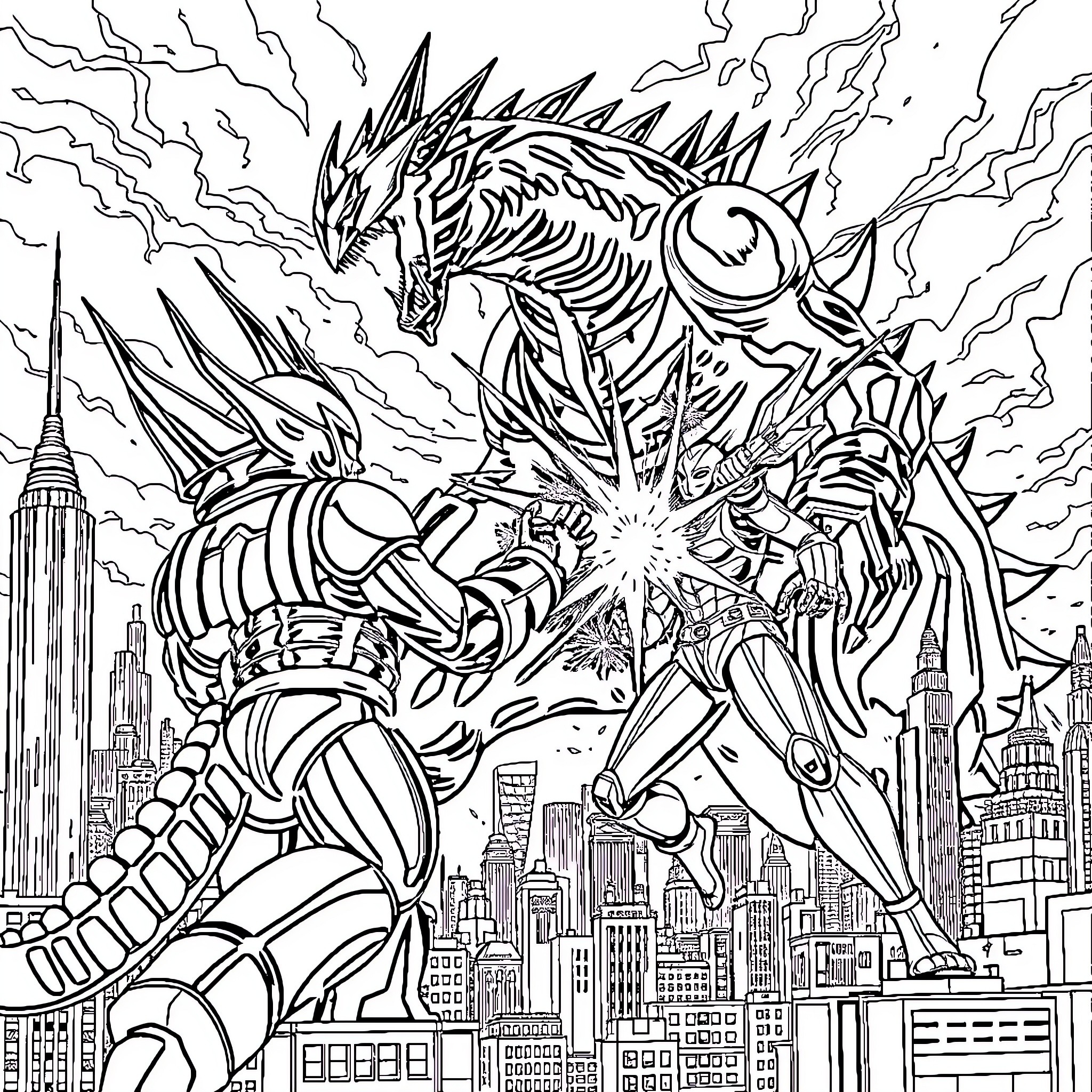 Monster Titans Battling in the City Coloring Page (free black-and-white line drawing printable PDF for all, from beginners to advanced learners, including children, teens, adults, and seniors)