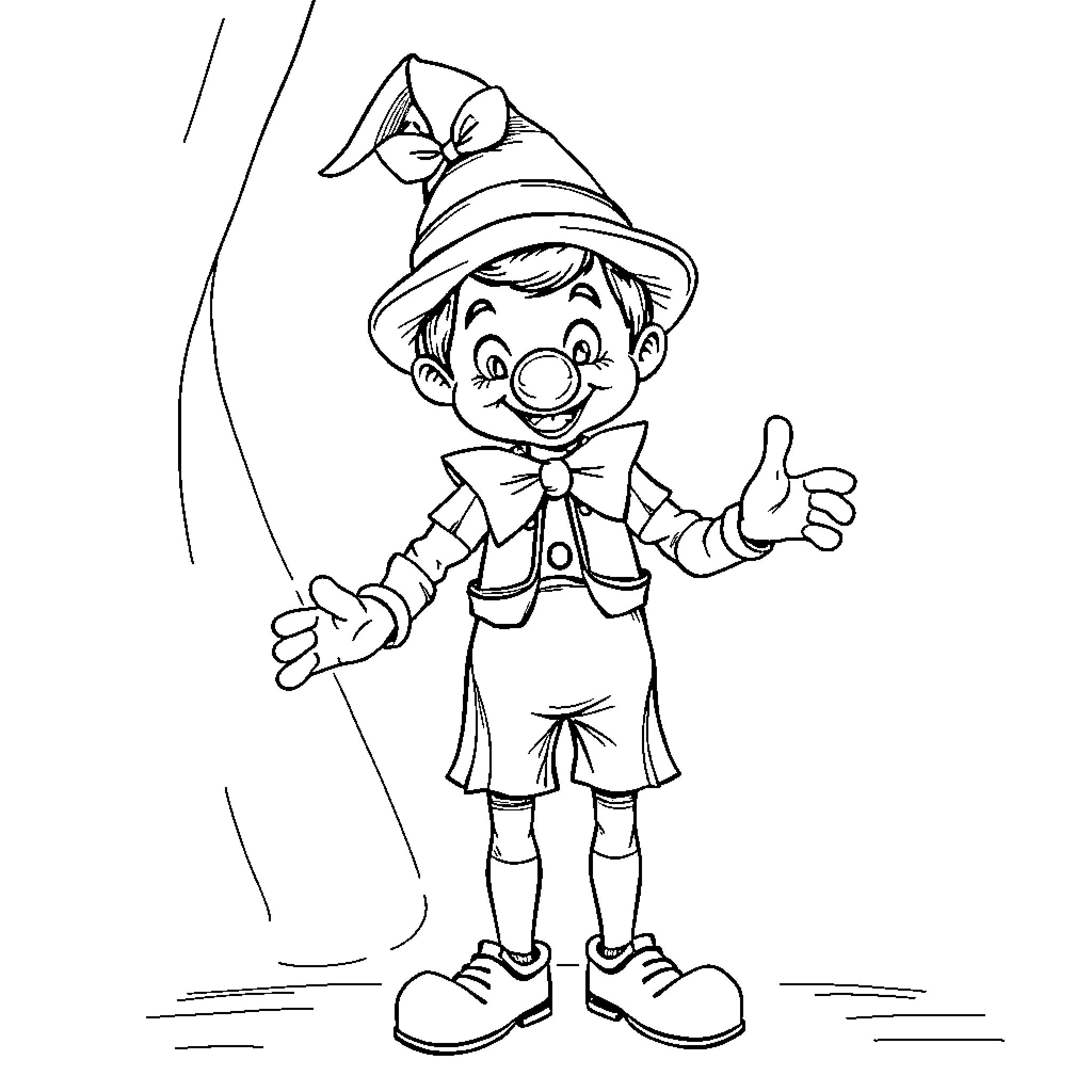 Pinocchio the mischievous puppet with a big smile Coloring Page (free black-and-white line drawing printable PDF for all, from beginners to advanced learners, including children, teens, adults, and seniors)