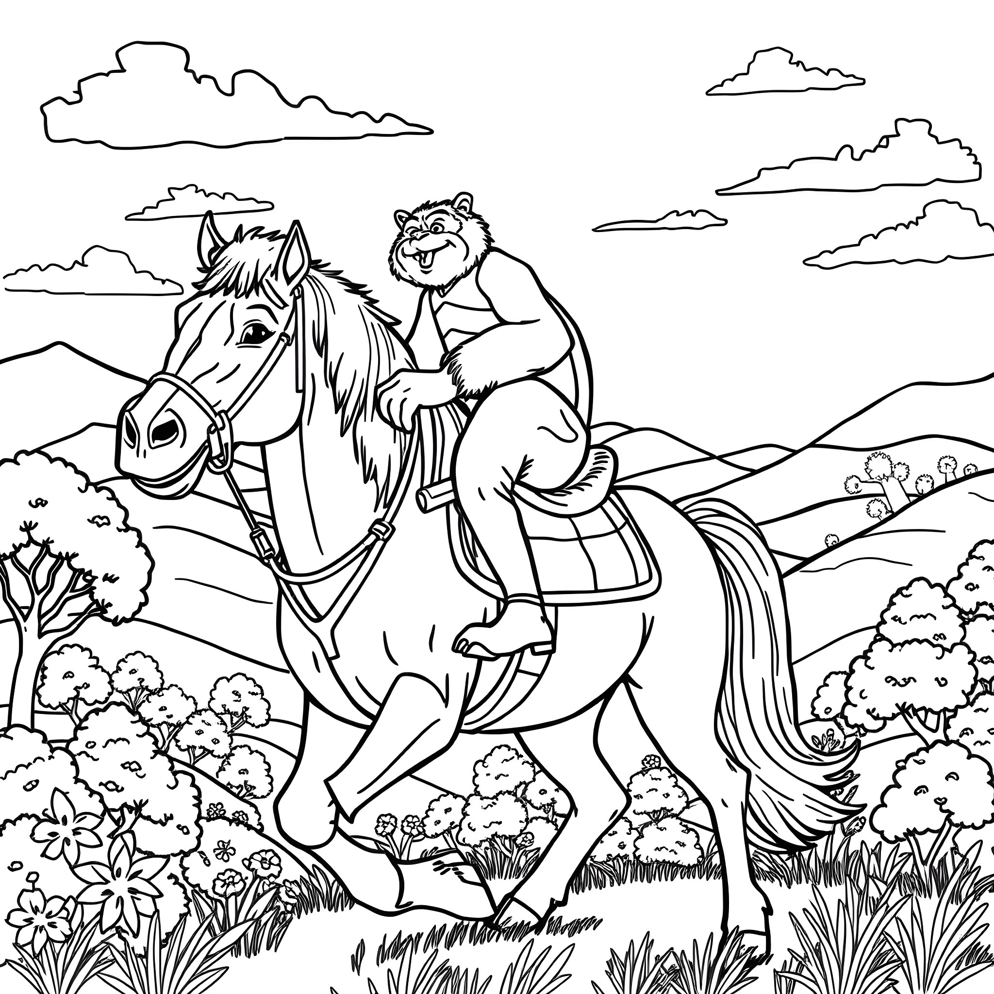Gorilla riding a horse through the mountain landscape Coloring Page (free black-and-white line drawing printable PDF for all, from beginners to advanced learners, including children, teens, adults, and seniors)