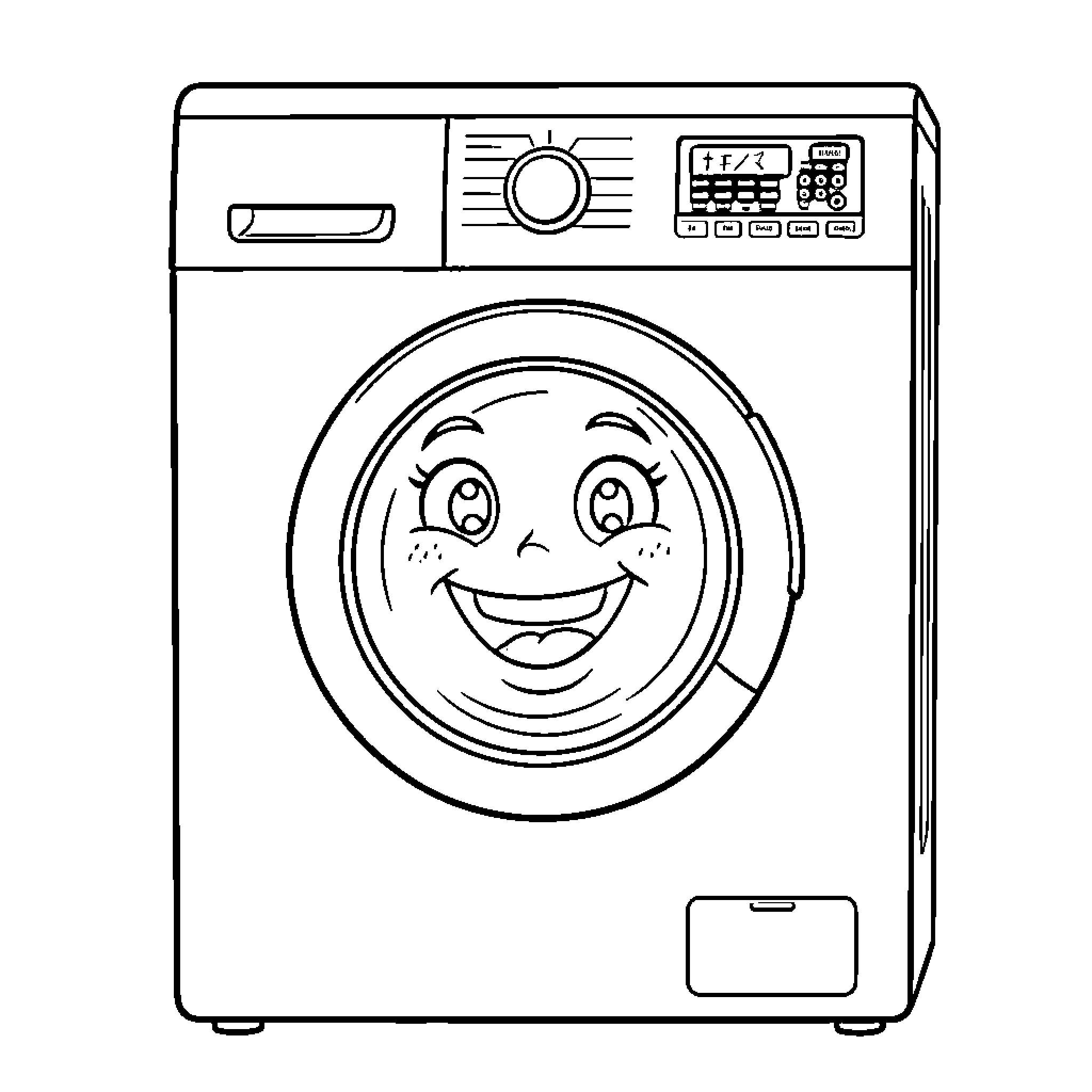 Washing Machine with Cheerful Expression Coloring Page (free black-and-white line drawing printable PDF for all, from beginners to advanced learners, including children, teens, adults, and seniors)
