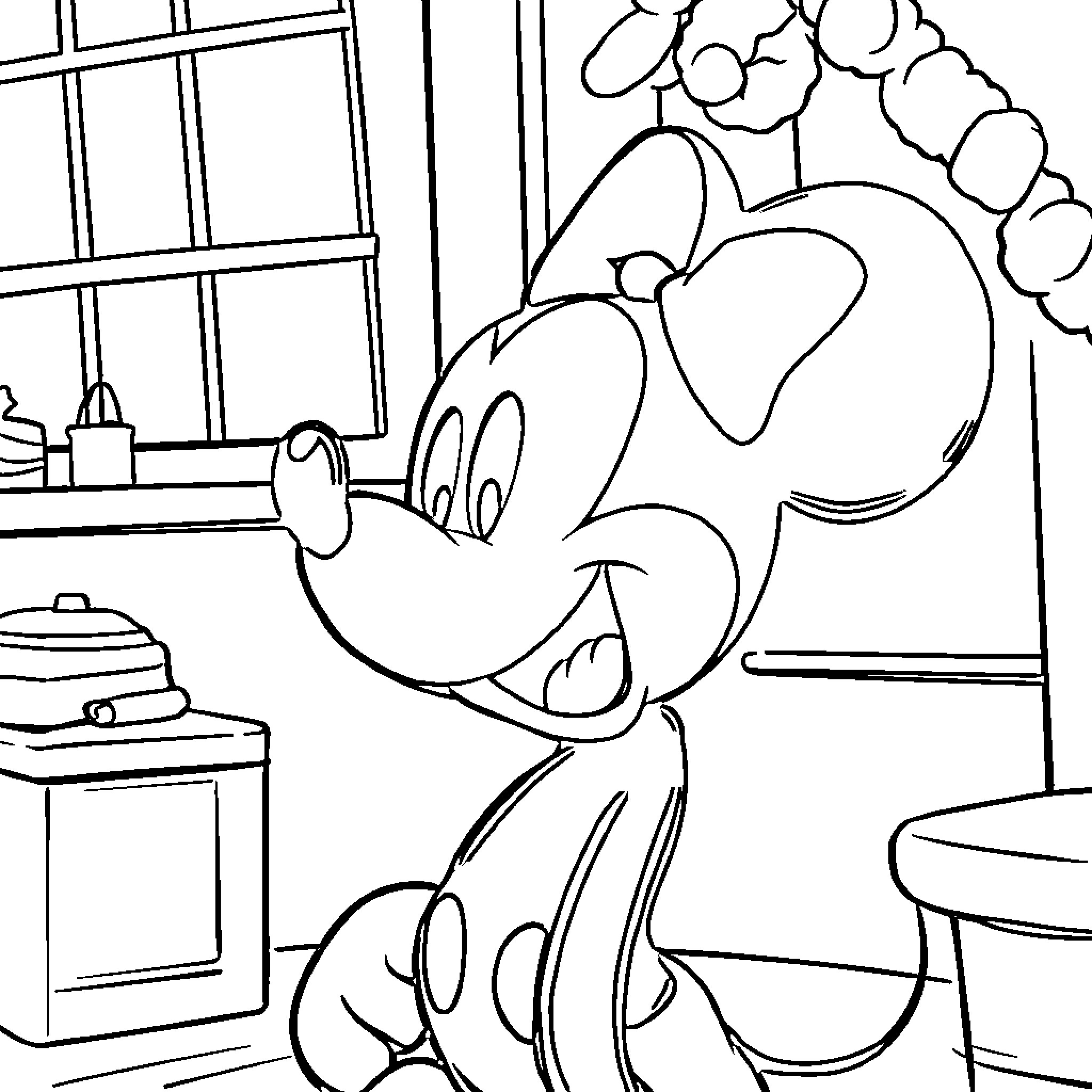 Mickey Mouse cooking in the kitchen Coloring Page (free black-and-white line drawing printable PDF for all, from beginners to advanced learners, including children, teens, adults, and seniors)
