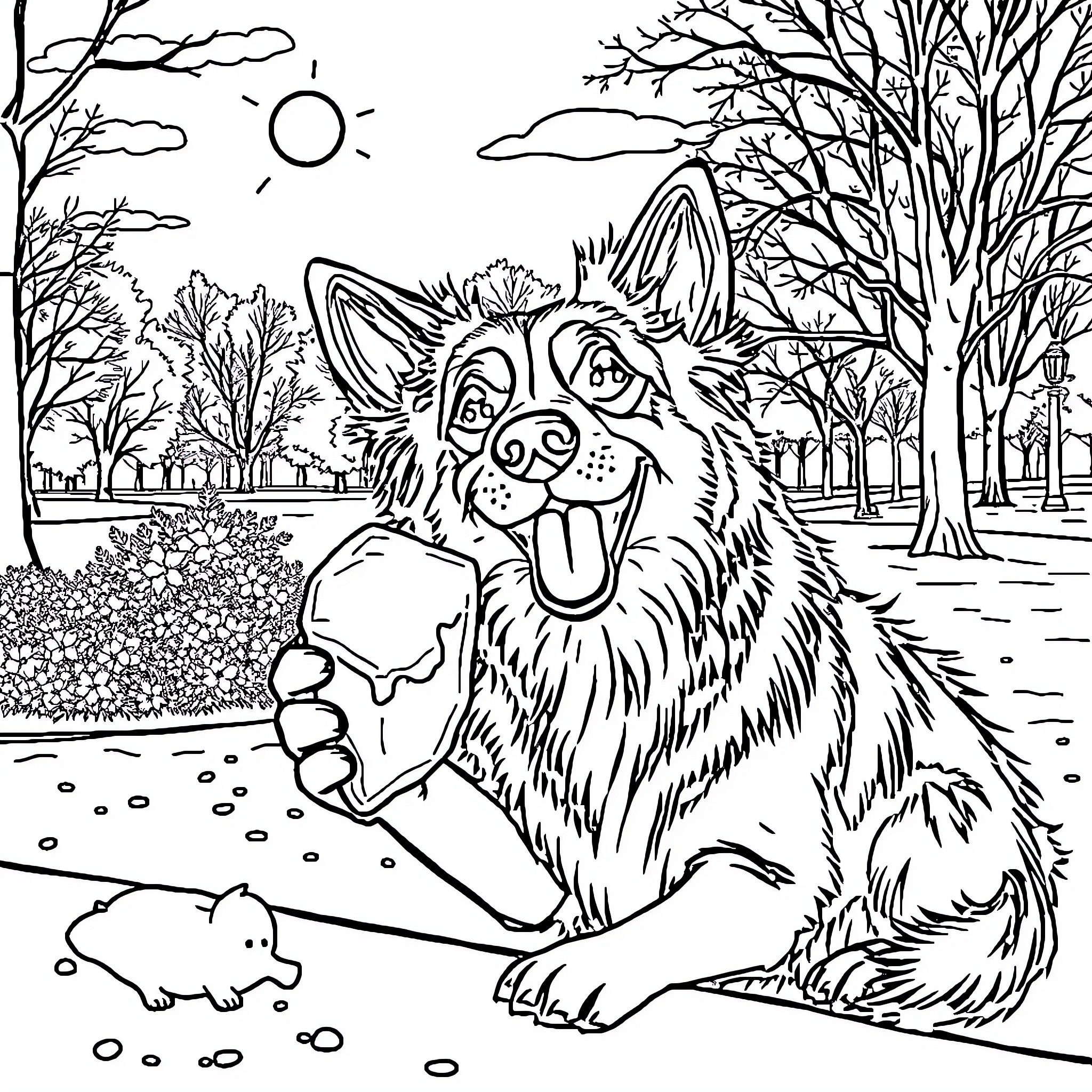Dog playing happily in the park Coloring Page (free black-and-white line drawing printable PDF for all, from beginners to advanced learners, including children, teens, adults, and seniors)