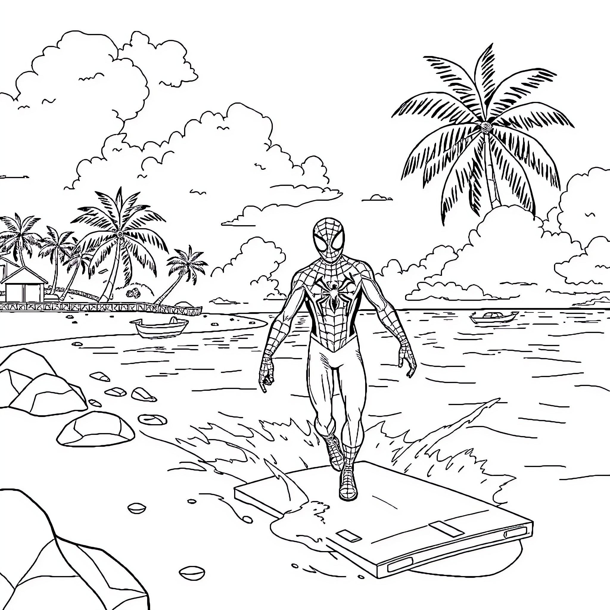 Spidey on a tropical beach adventure Coloring Page (free black-and-white line drawing printable PDF for all, from beginners to advanced learners, including children, teens, adults, and seniors)