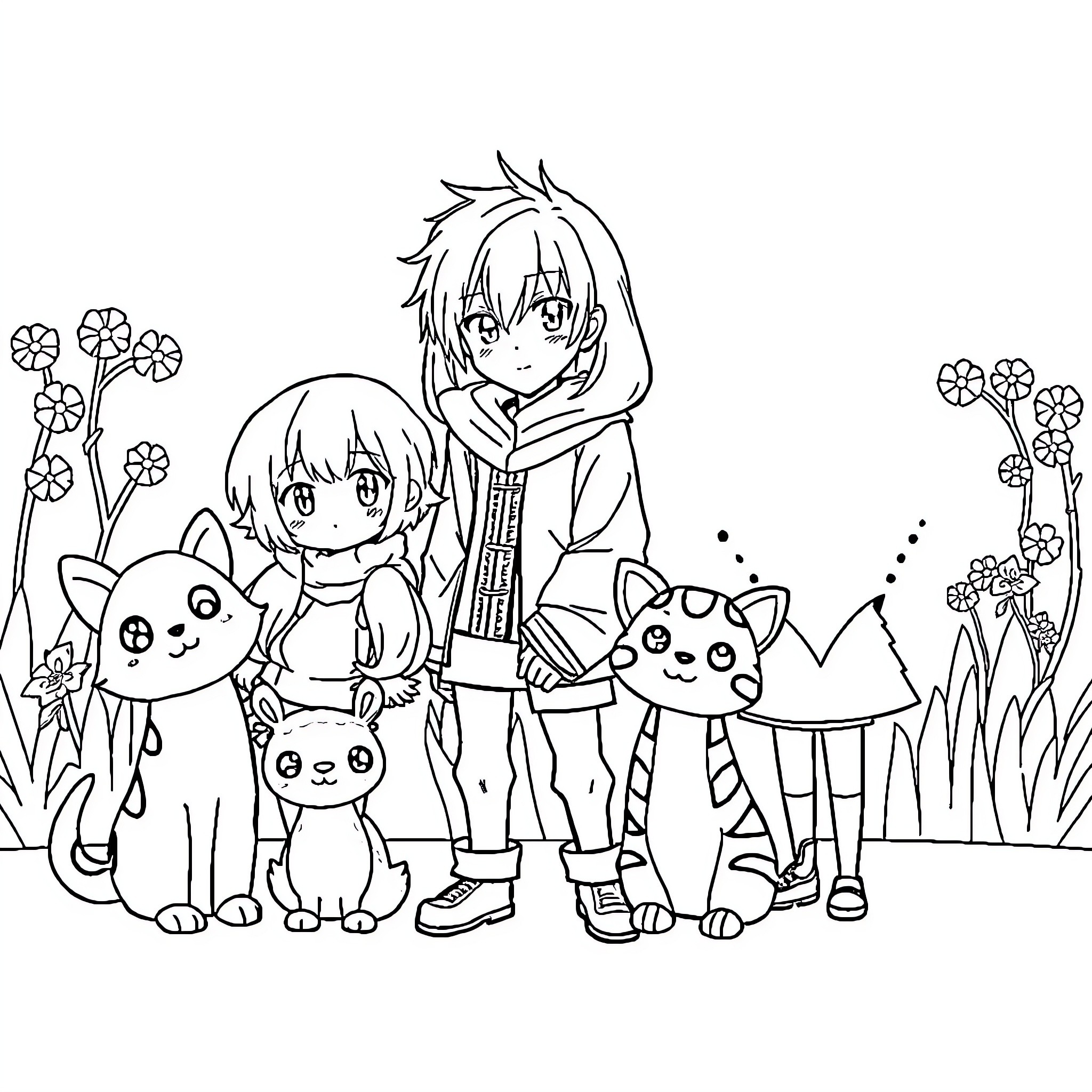 Anime characters exploring the outdoors with adorable pets Coloring Page (free black-and-white line drawing printable PDF for all, from beginners to advanced learners, including children, teens, adults, and seniors)