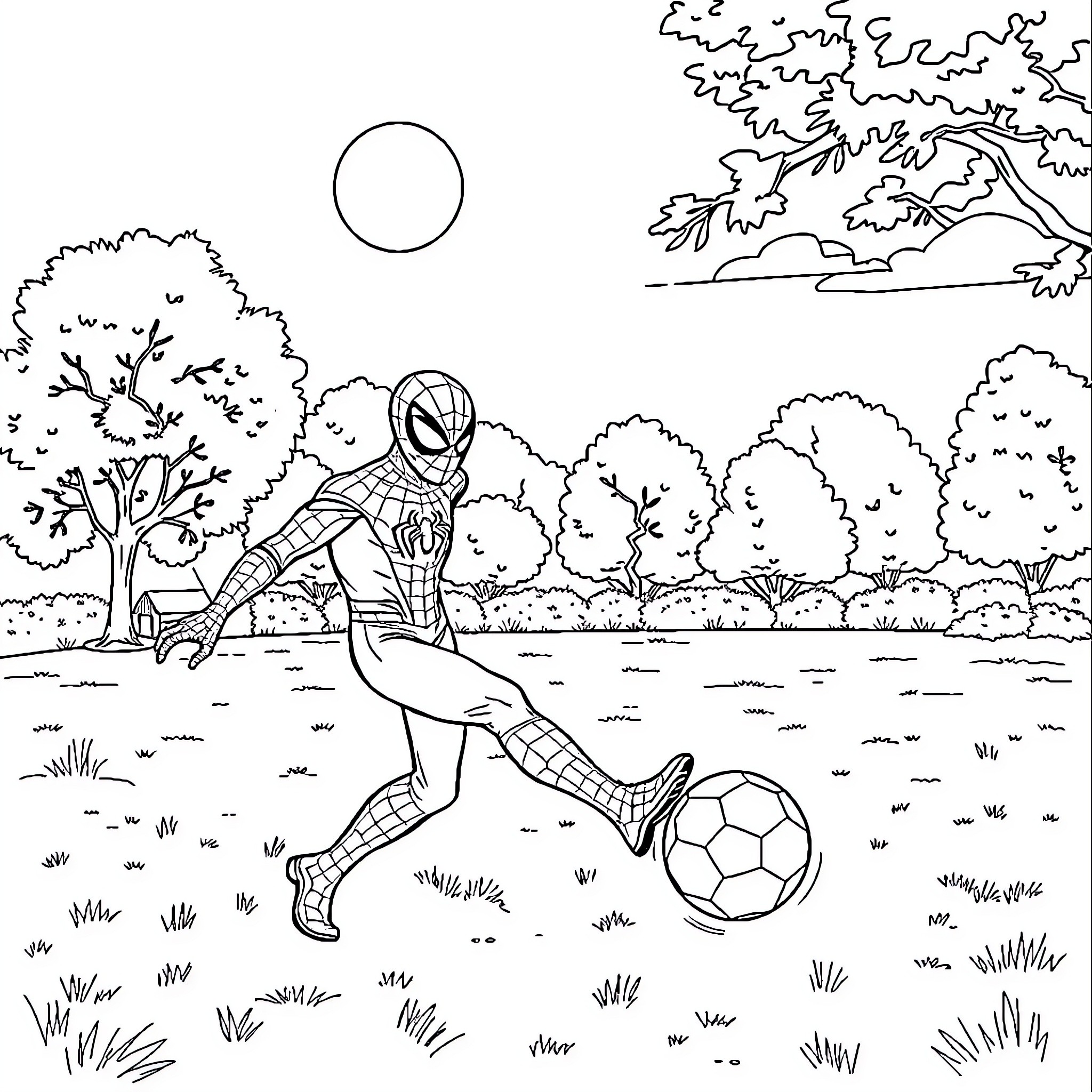 Spider-Man playing football in the park Coloring Page (free black-and-white line drawing printable PDF for all, from beginners to advanced learners, including children, teens, adults, and seniors)