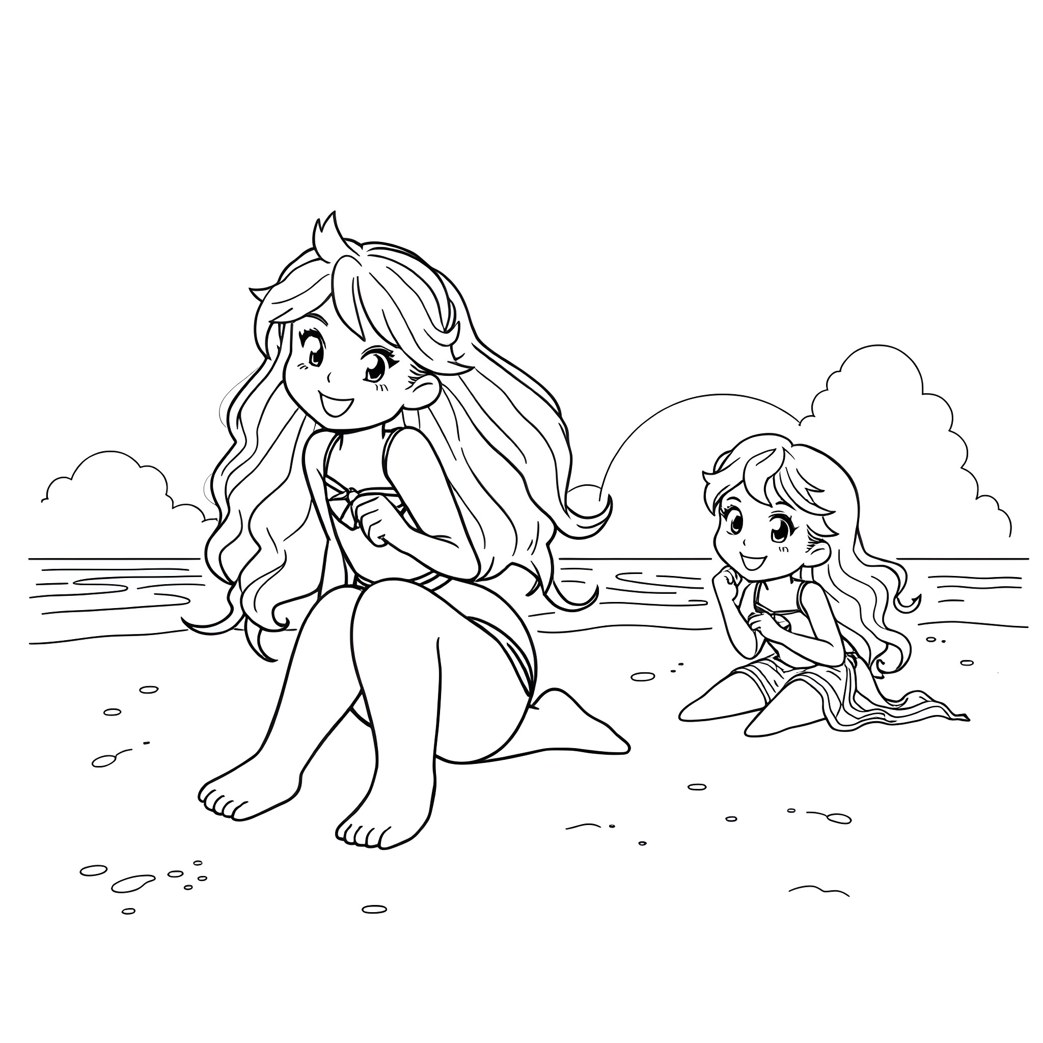 Rainbow Brite friends enjoying the beach Coloring Page (free black-and-white line drawing printable PDF for all, from beginners to advanced learners, including children, teens, adults, and seniors)