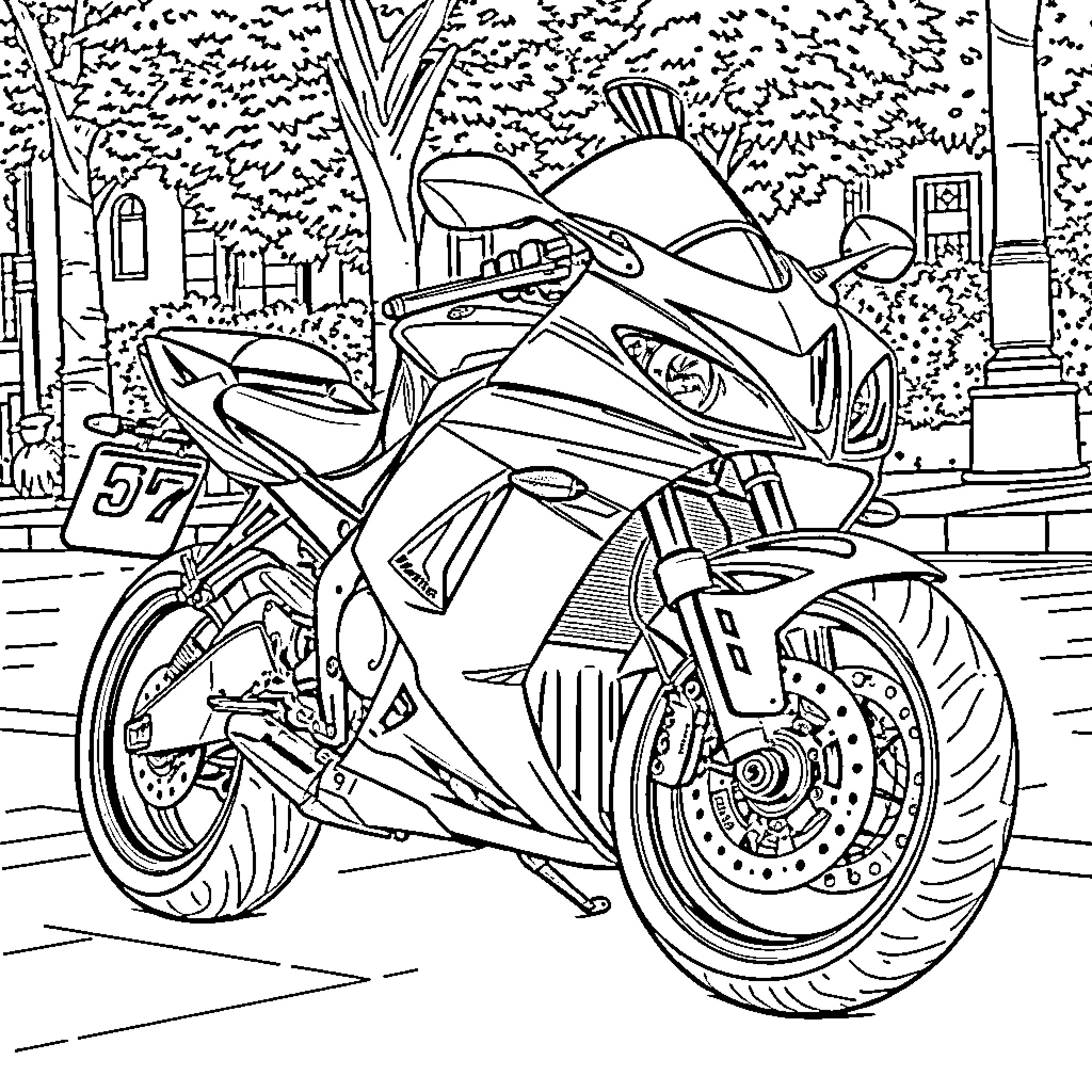 Kawasaki ZX10R motorcycle racing on city street Coloring Page (free black-and-white line drawing printable PDF for all, from beginners to advanced learners, including children, teens, adults, and seniors)