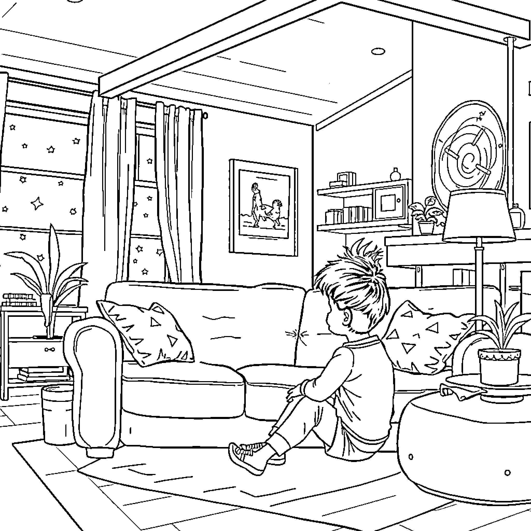 Home setting with person relaxing on couch Coloring Page (free black-and-white line drawing printable PDF for all, from beginners to advanced learners, including children, teens, adults, and seniors)
