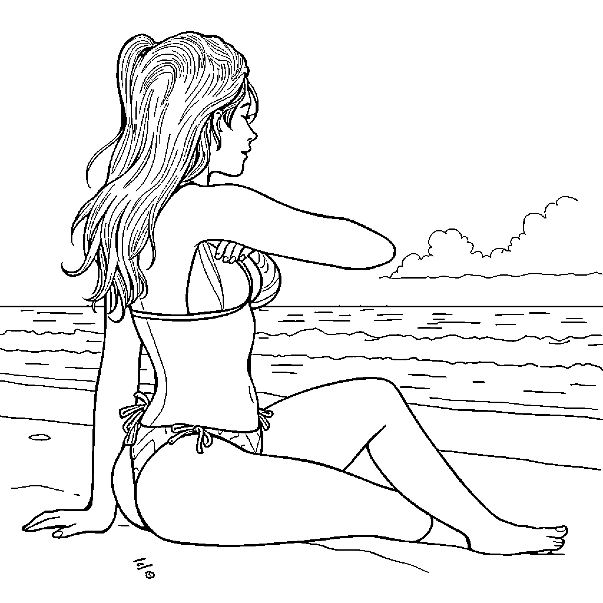 Bikini Girl Relaxing on the Beach Coloring Page (free black-and-white line drawing printable PDF for all, from beginners to advanced learners, including children, teens, adults, and seniors)