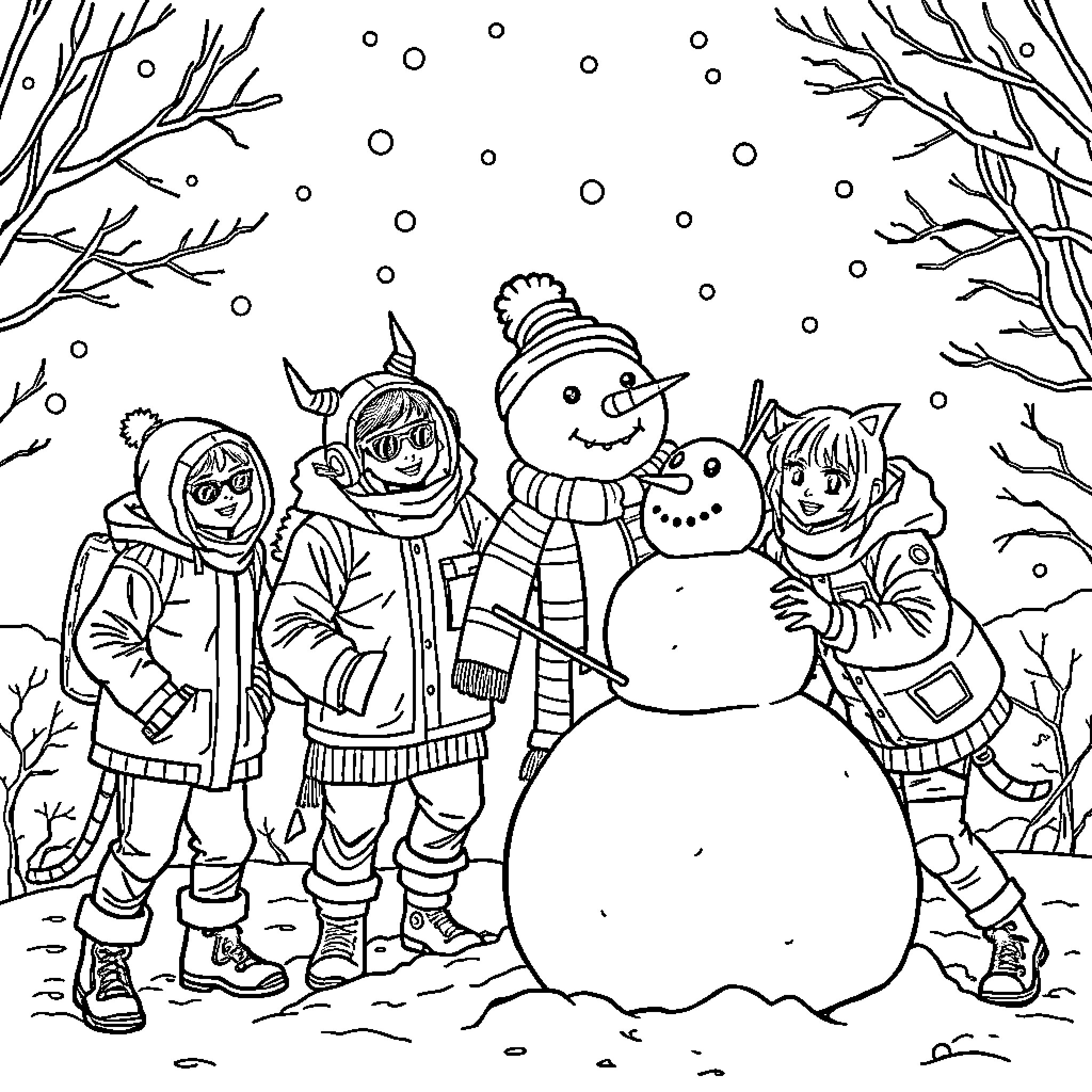 Demon Hunter's Winter Wonderland Adventure Coloring Page (free black-and-white line drawing printable PDF for all, from beginners to advanced learners, including children, teens, adults, and seniors)