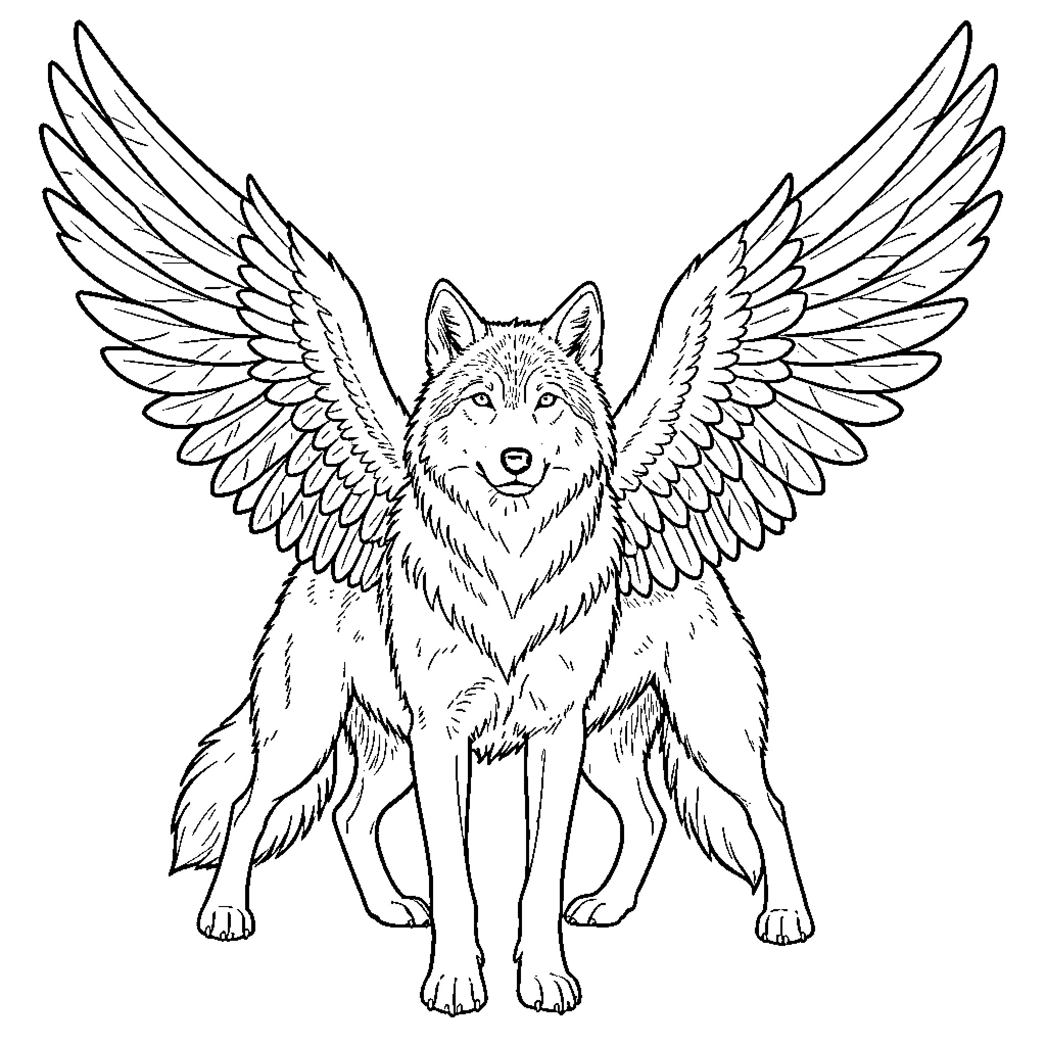 Wolf with majestic wings standing proudly Coloring Page (free black-and-white line drawing printable PDF for all, from beginners to advanced learners, including children, teens, adults, and seniors)