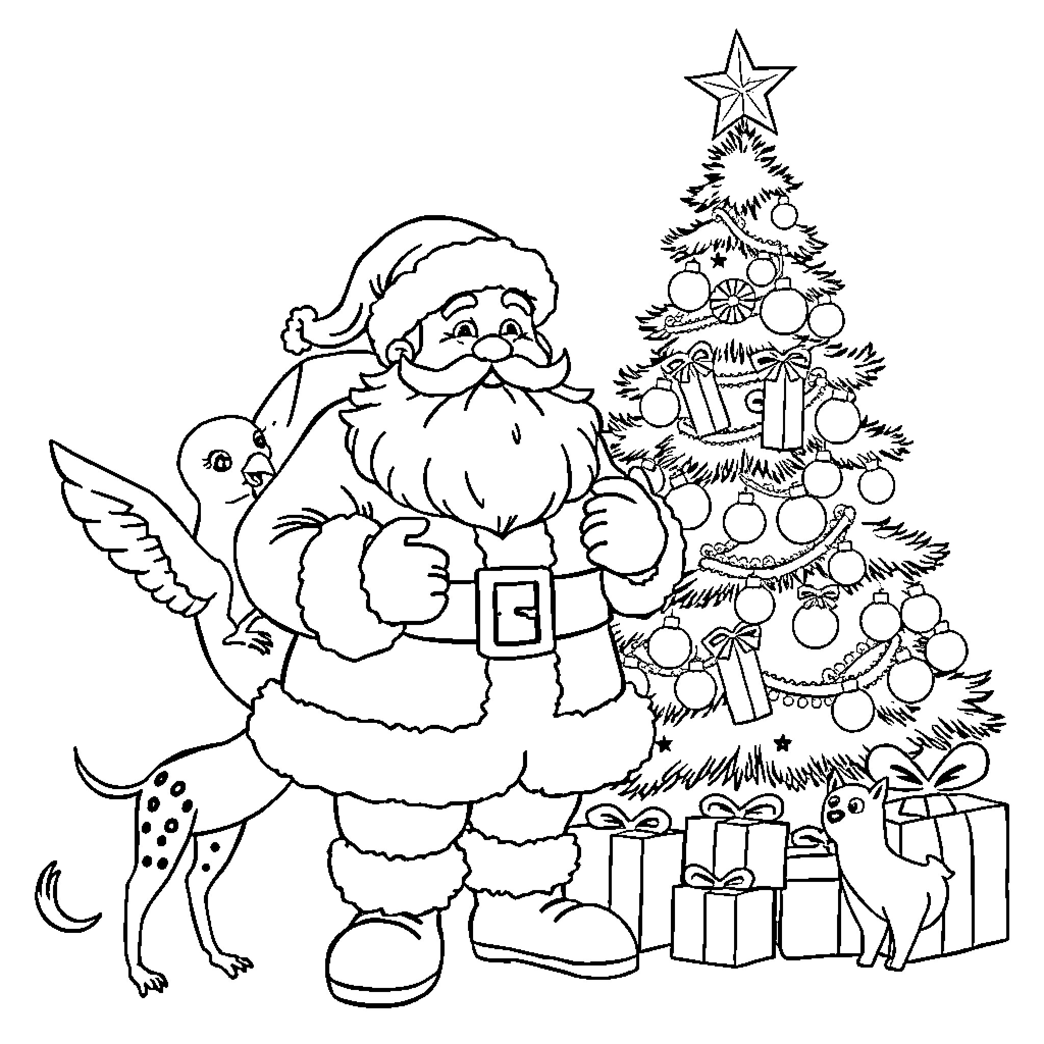 Santa Claus decorating Christmas tree with gifts Coloring Page (free black-and-white line drawing printable PDF for all, from beginners to advanced learners, including children, teens, adults, and seniors)