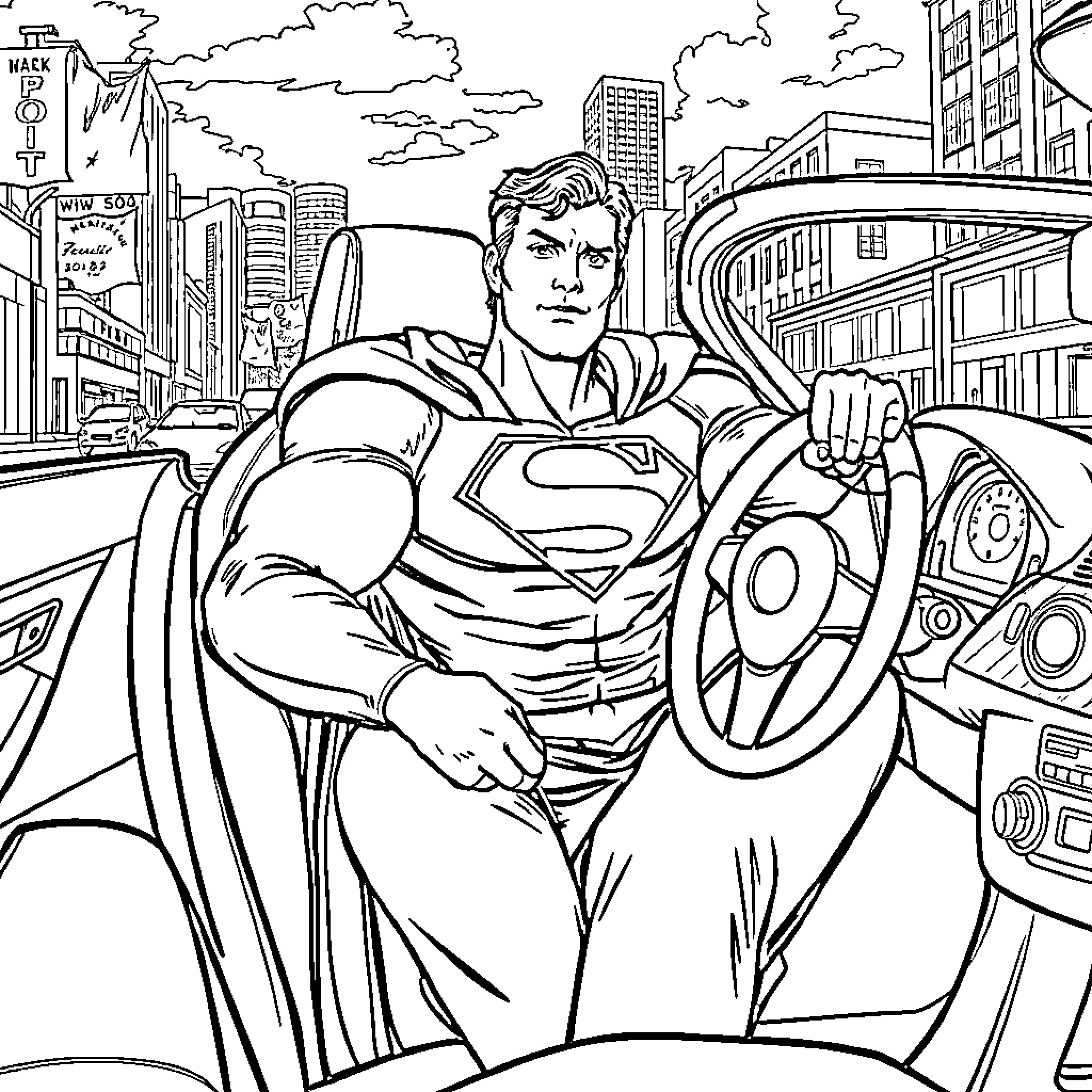 Superman saving the city from danger Coloring Page (free black-and-white line drawing printable PDF for all, from beginners to advanced learners, including children, teens, adults, and seniors)