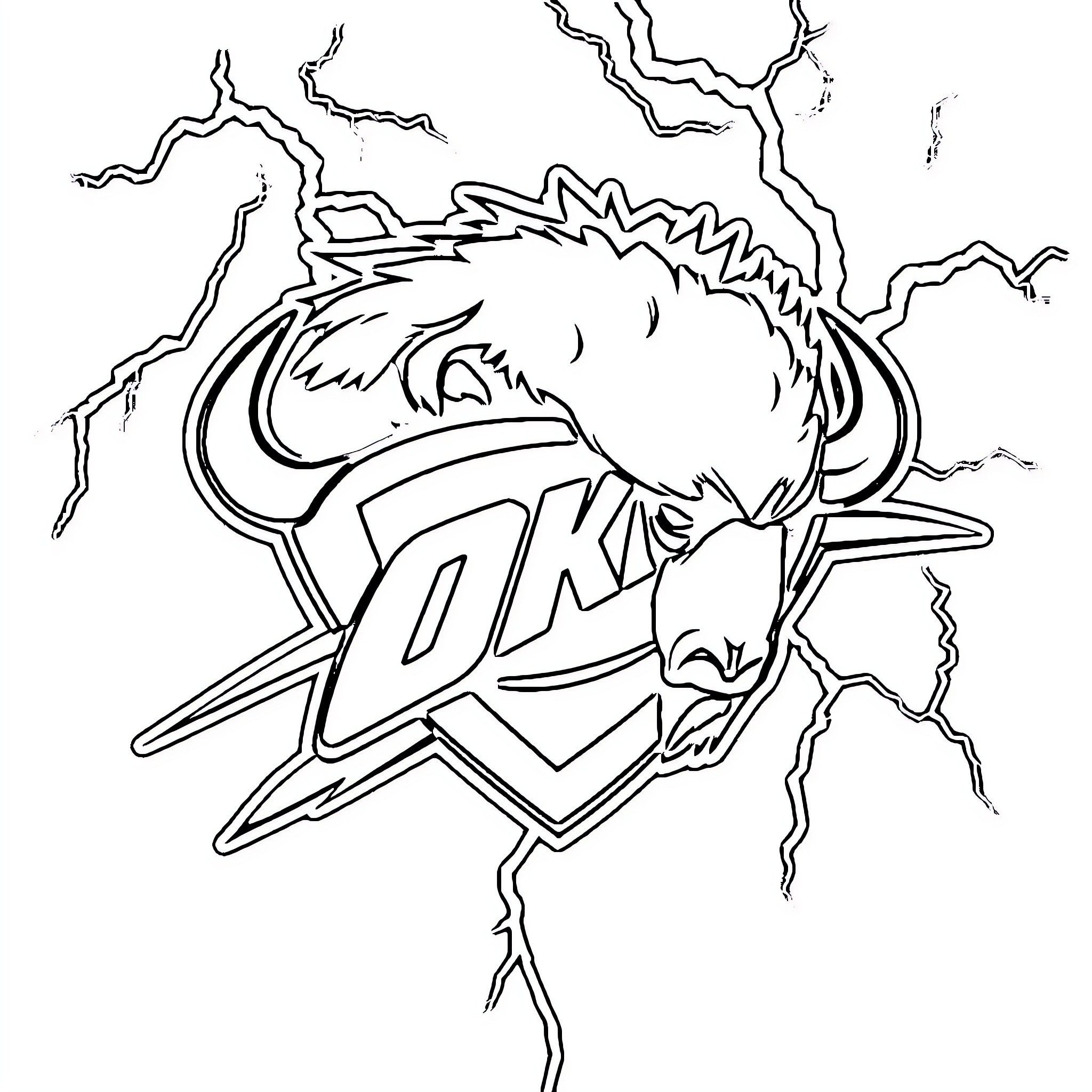 Buffalo with fierce expression and lightning bolt design Coloring Page (free black-and-white line drawing printable PDF for all, from beginners to advanced learners, including children, teens, adults, and seniors)