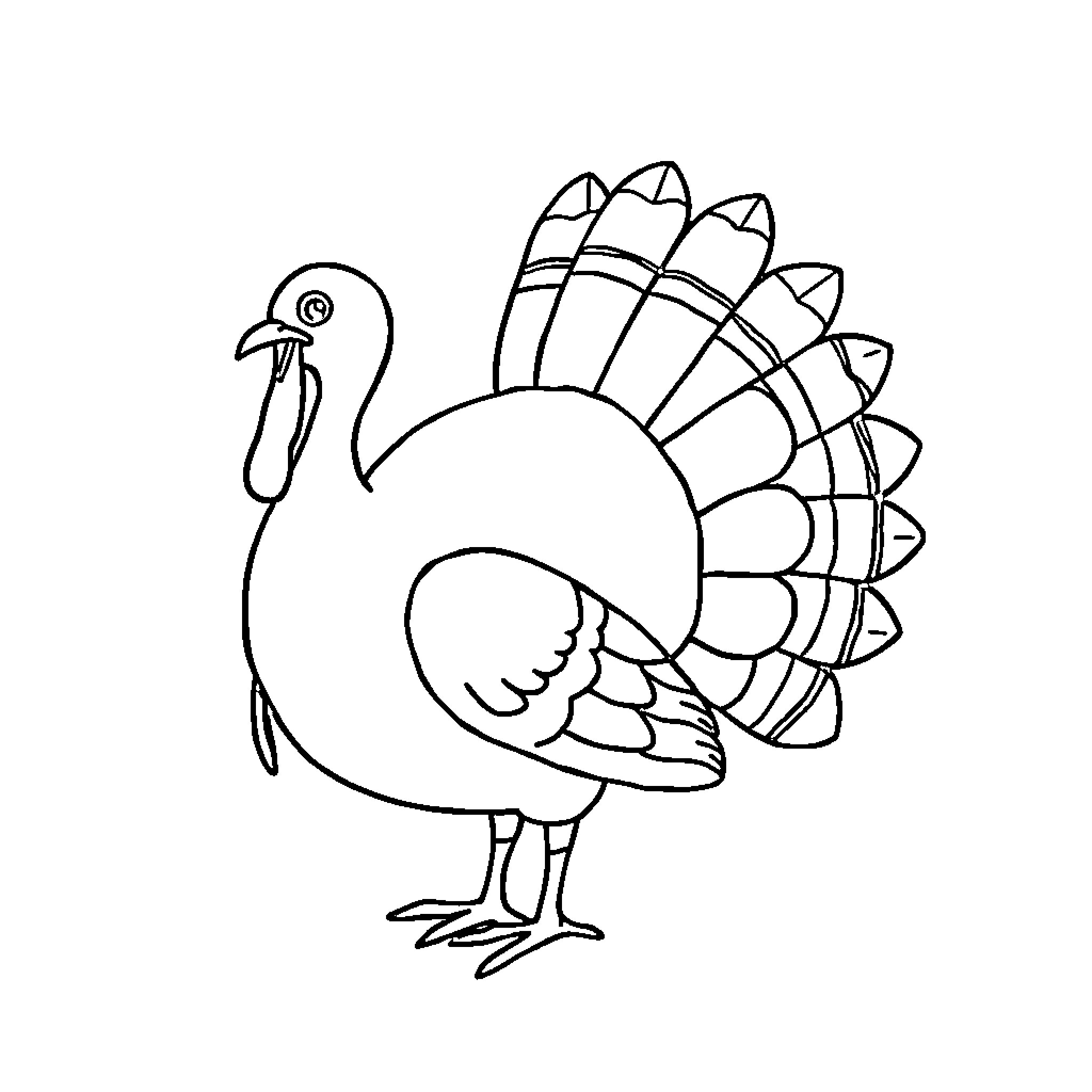 Turkey with bright feathers standing proudly Coloring Page (free black-and-white line drawing printable PDF for all, from beginners to advanced learners, including children, teens, adults, and seniors)