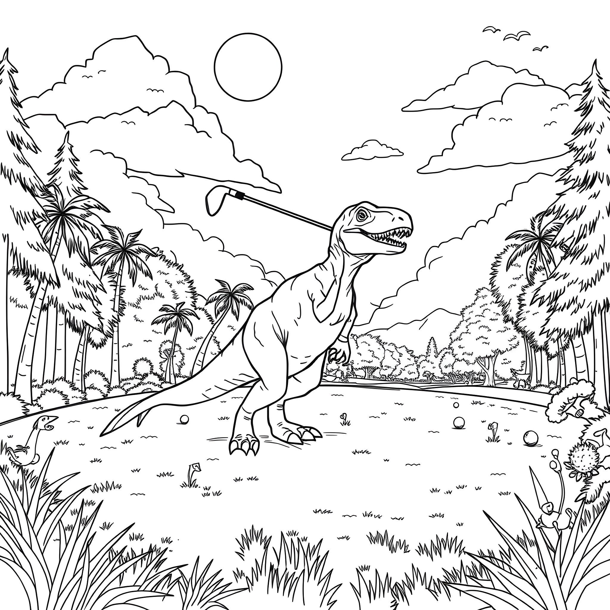 Velociraptor roaming through the prehistoric jungle landscape Coloring Page (free black-and-white line drawing printable PDF for all, from beginners to advanced learners, including children, teens, adults, and seniors)
