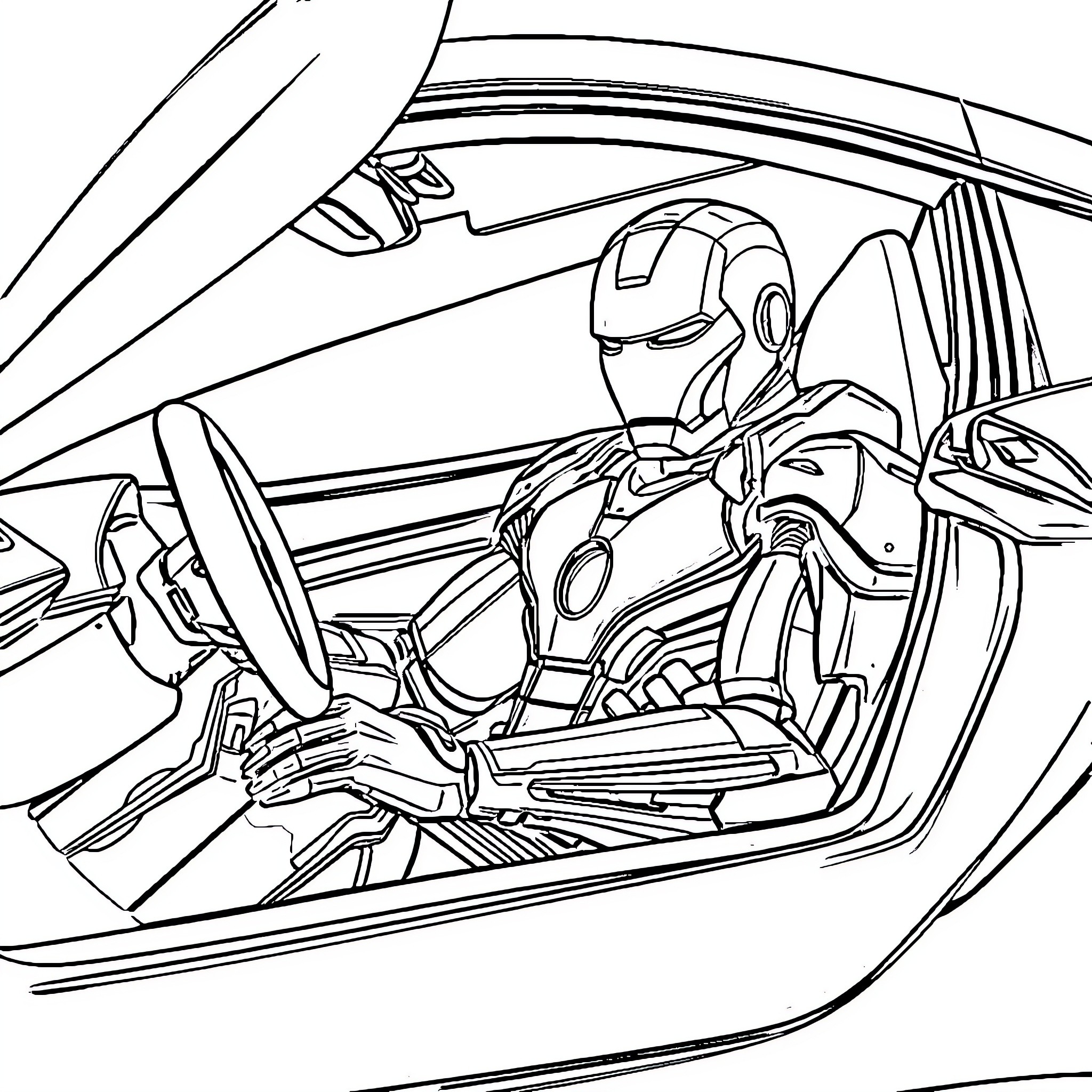 Iron Man inside a high-tech vehicle Coloring Page (free black-and-white line drawing printable PDF for all, from beginners to advanced learners, including children, teens, adults, and seniors)