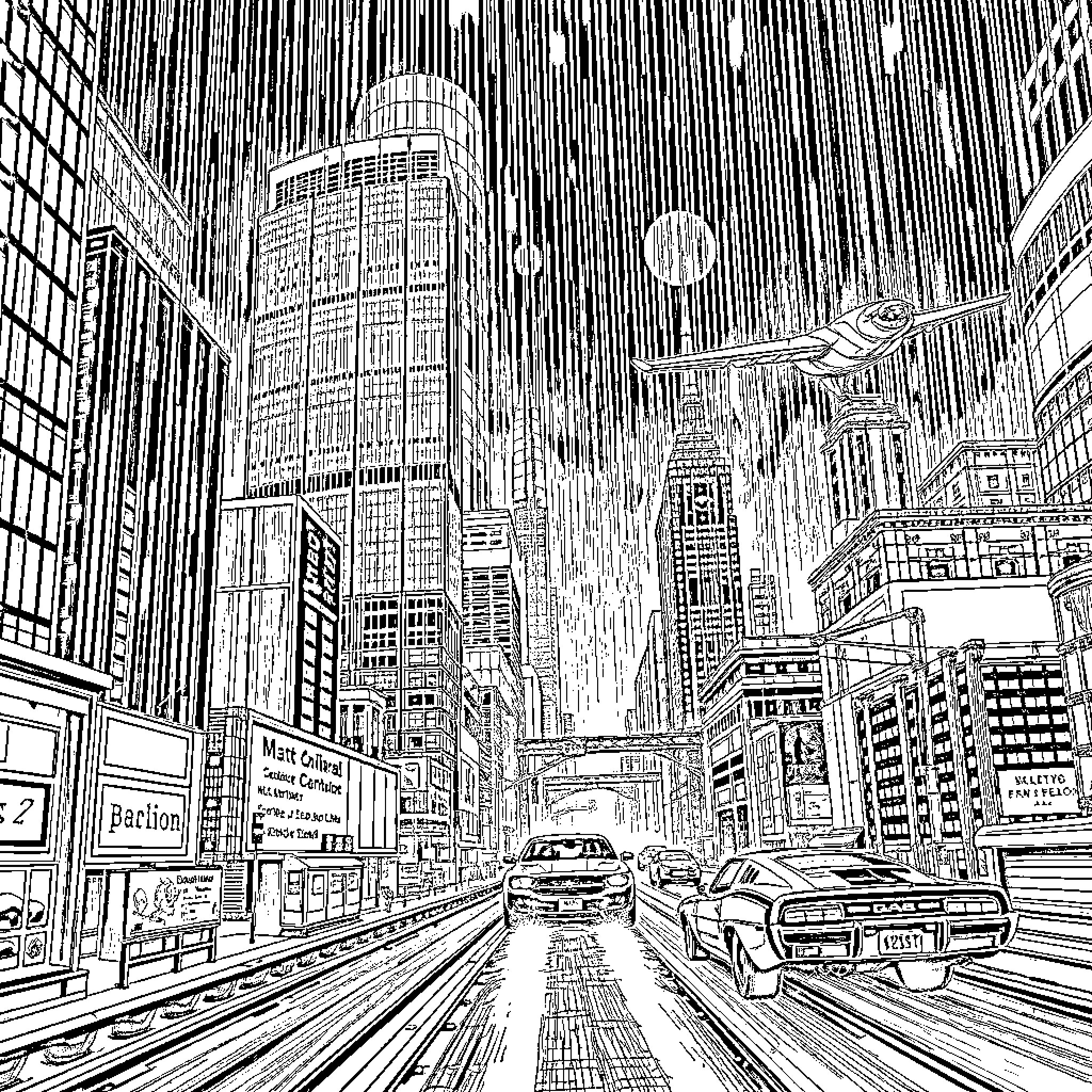 Blade Runner: Futuristic Cityscape at Night Coloring Page (free black-and-white line drawing printable PDF for all, from beginners to advanced learners, including children, teens, adults, and seniors)