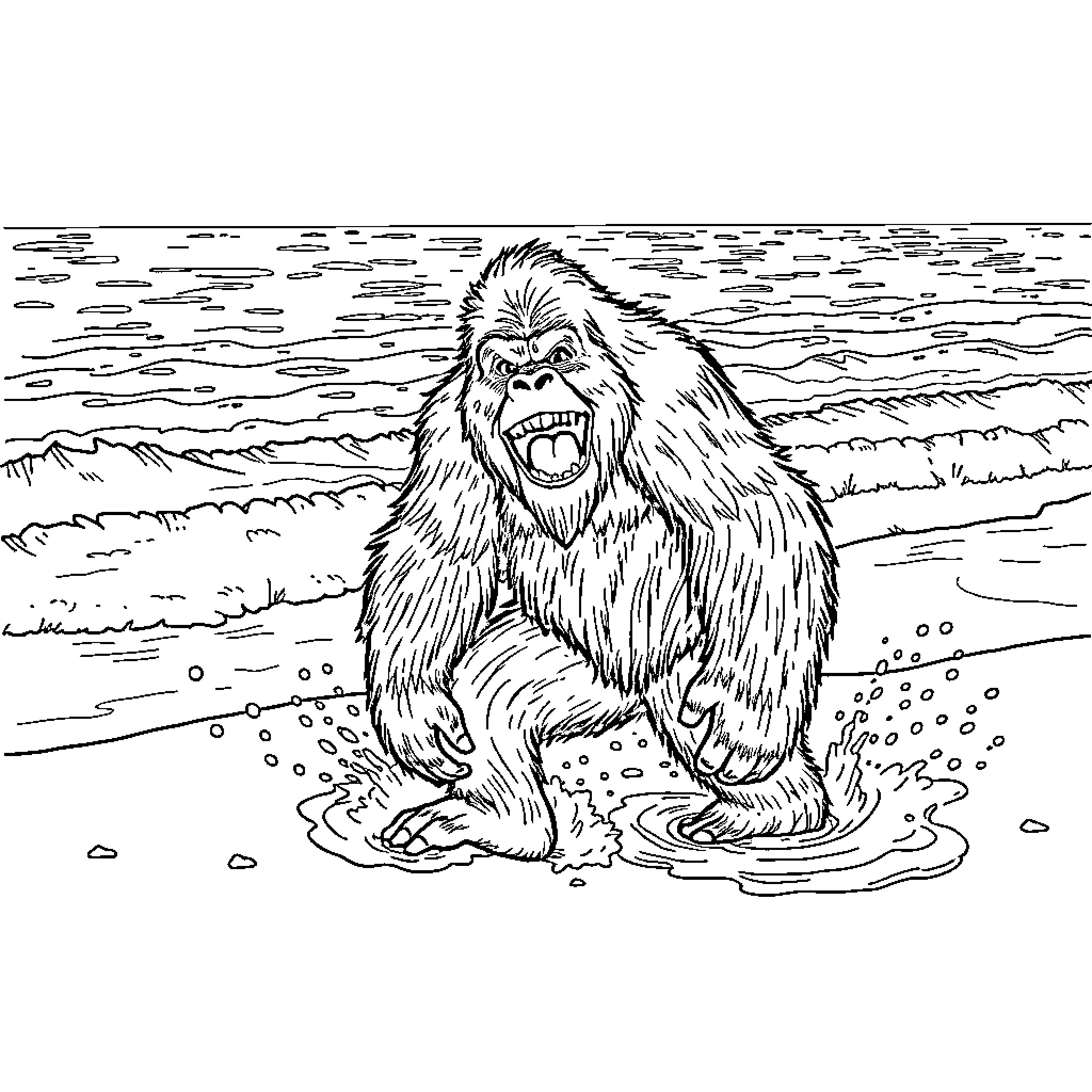 Bigfoot roaring in the wild landscape Coloring Page (free black-and-white line drawing printable PDF for all, from beginners to advanced learners, including children, teens, adults, and seniors)
