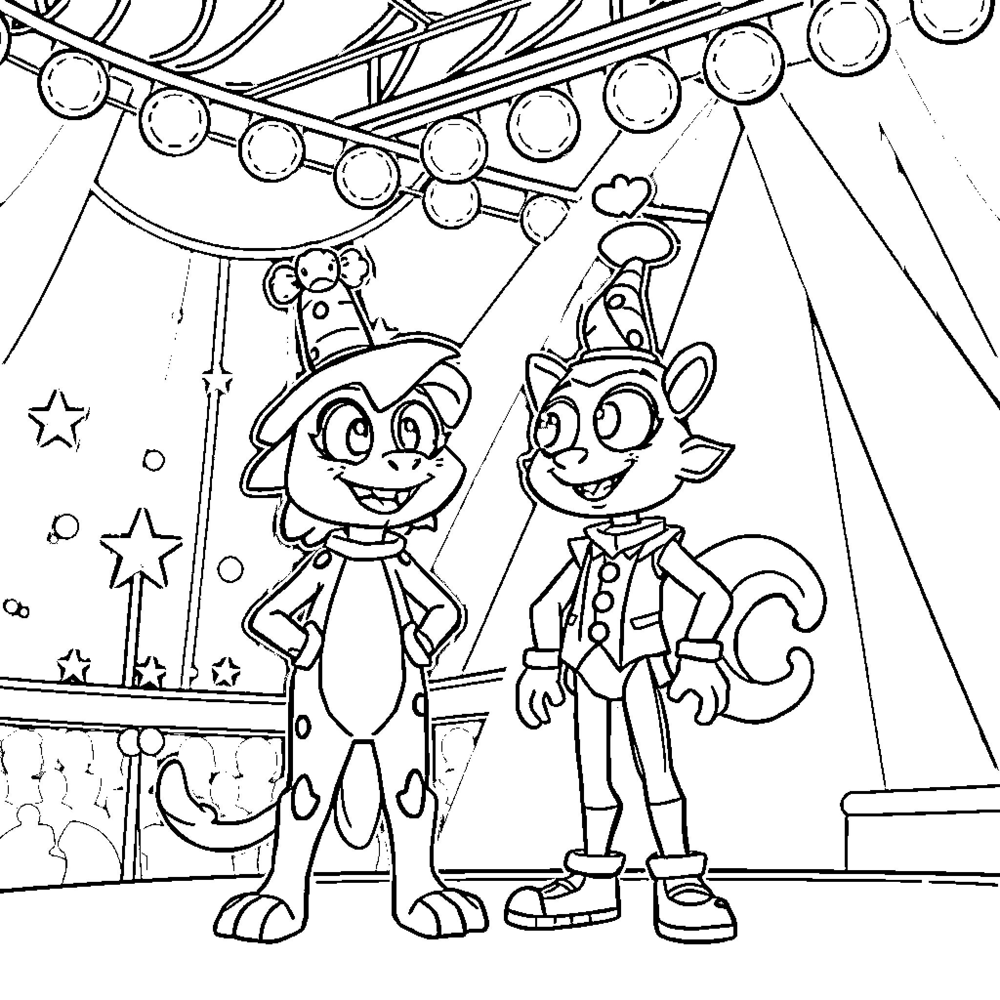 Jax and His Circus Companion Coloring Page (free black-and-white line drawing printable PDF for all, from beginners to advanced learners, including children, teens, adults, and seniors)