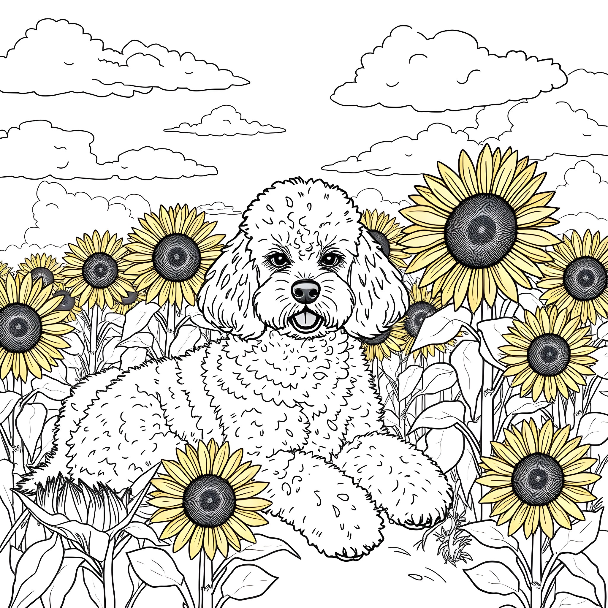 Poodle surrounded by cheerful sunflowers Coloring Page (free black-and-white line drawing printable PDF for all, from beginners to advanced learners, including children, teens, adults, and seniors)