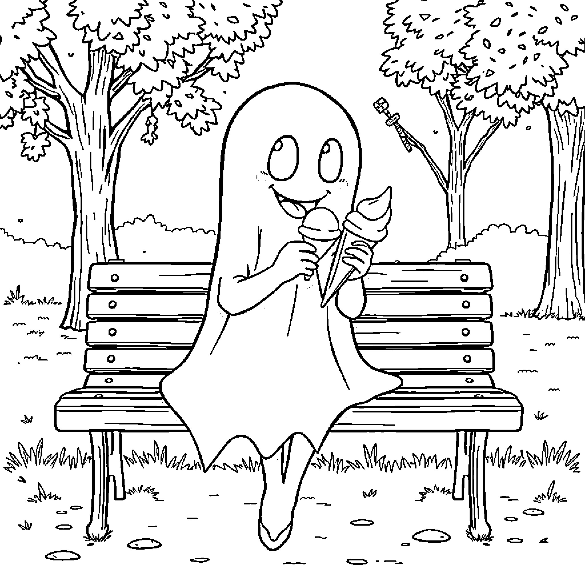 Ghost enjoying an ice cream on a park bench Coloring Page (free black-and-white line drawing printable PDF for all, from beginners to advanced learners, including children, teens, adults, and seniors)