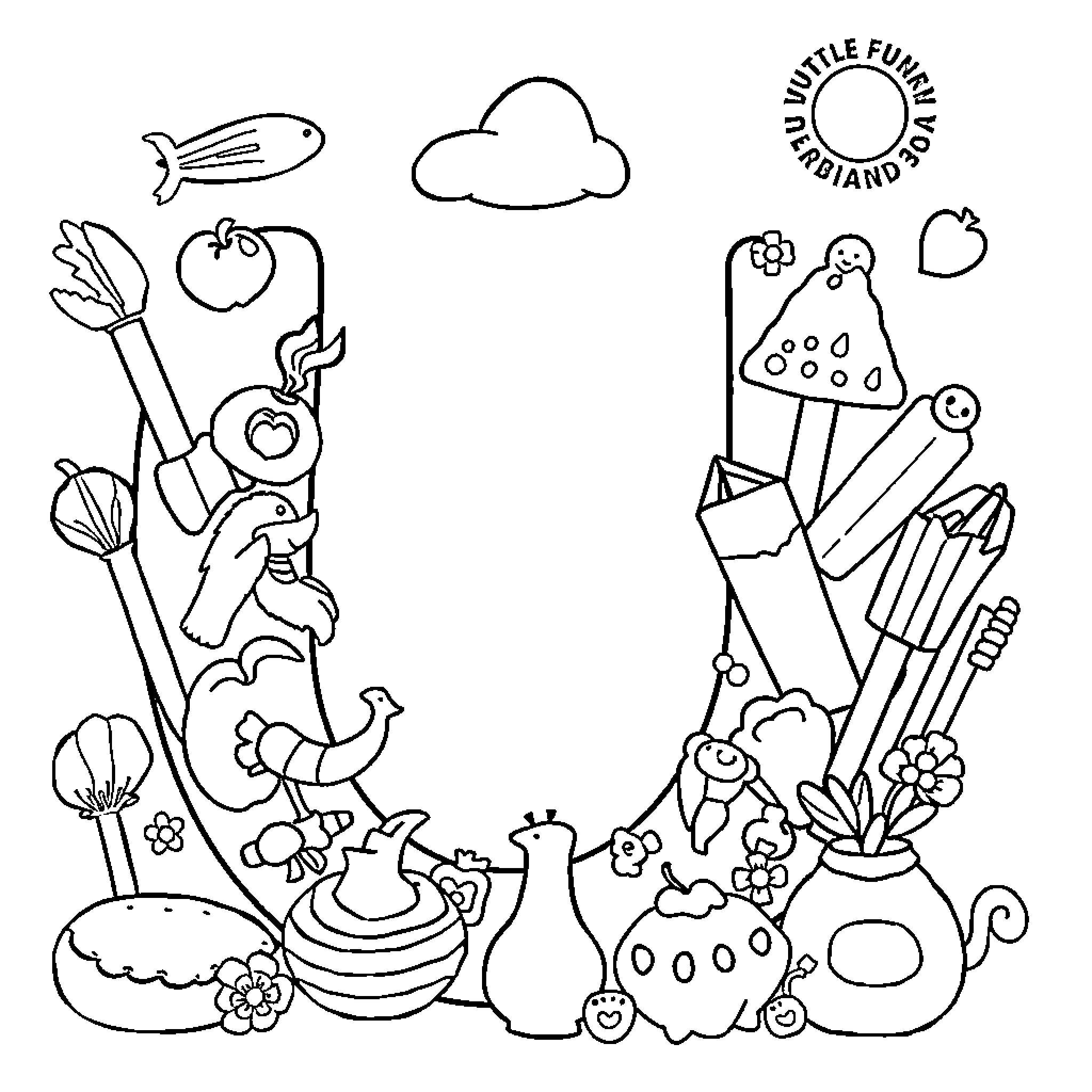 Unique Fusion of Whimsical Illustrations Coloring Page (free black-and-white line drawing printable PDF for all, from beginners to advanced learners, including children, teens, adults, and seniors)