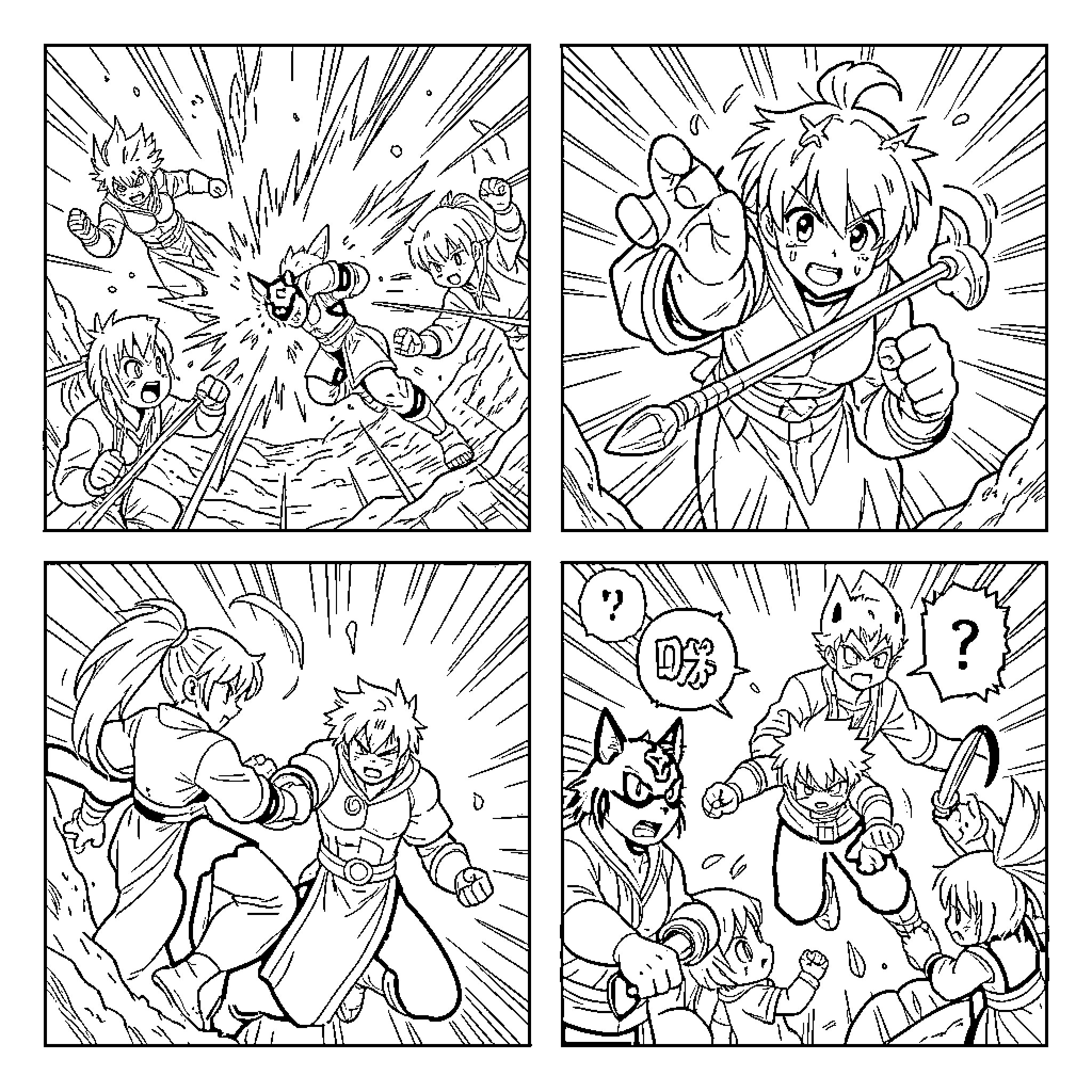 Anime characters engaging in an energetic battle scene Coloring Page (free black-and-white line drawing printable PDF for all, from beginners to advanced learners, including children, teens, adults, and seniors)