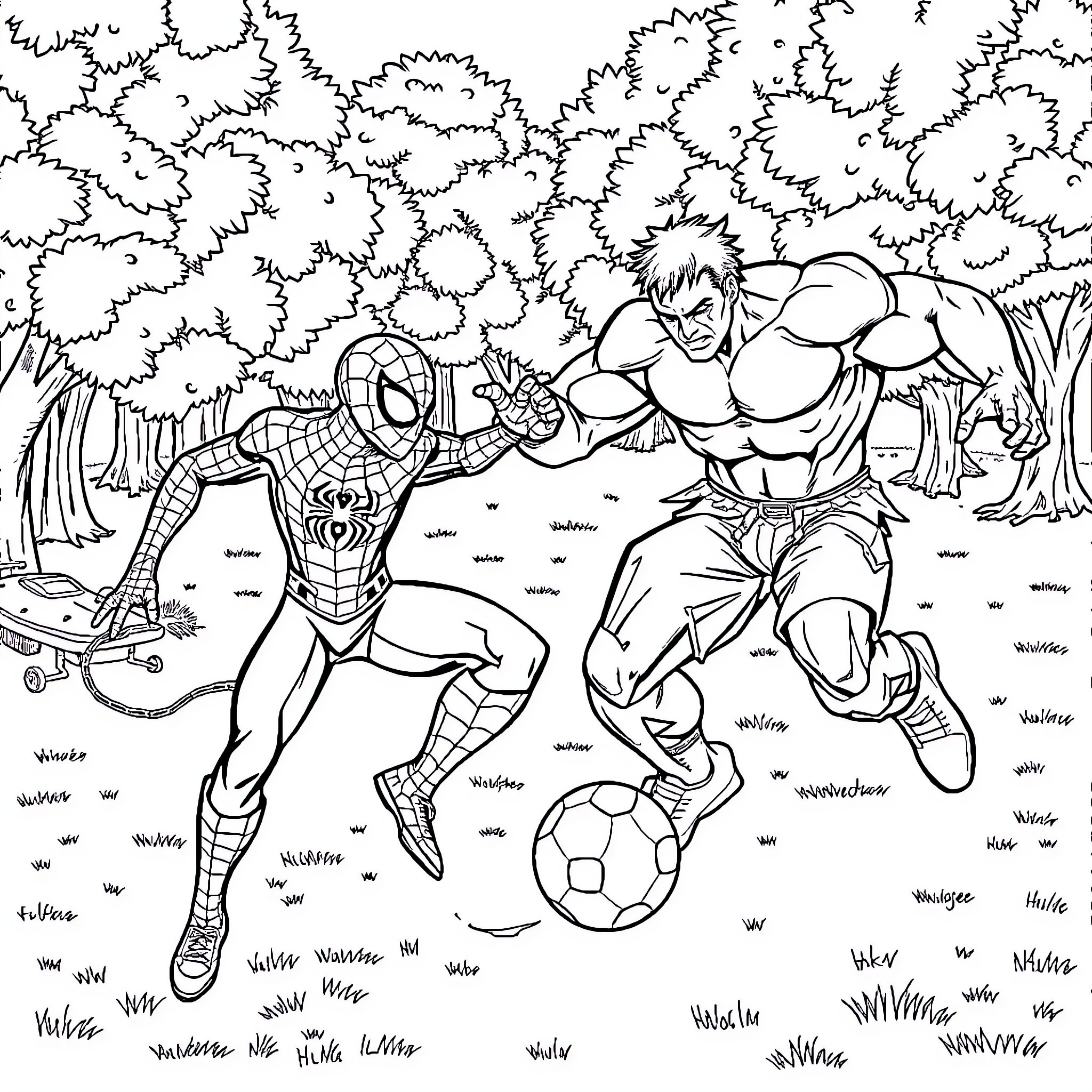 Spiderman and Hulk engage in a friendly soccer match in the forest Coloring Page (free black-and-white line drawing printable PDF for all, from beginners to advanced learners, including children, teens, adults, and seniors)