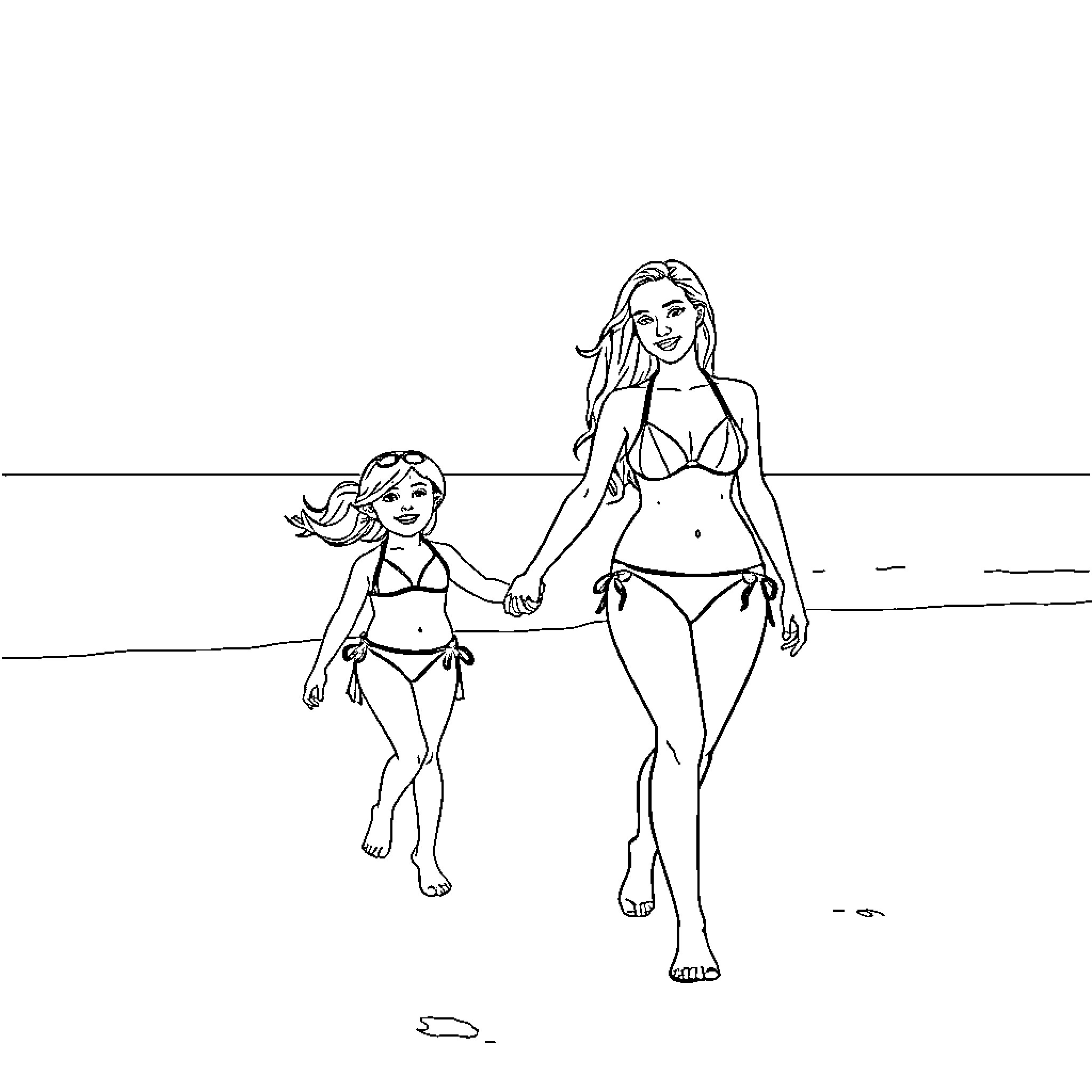 Mother and daughter enjoying the beach Coloring Page (free black-and-white line drawing printable PDF for all, from beginners to advanced learners, including children, teens, adults, and seniors)