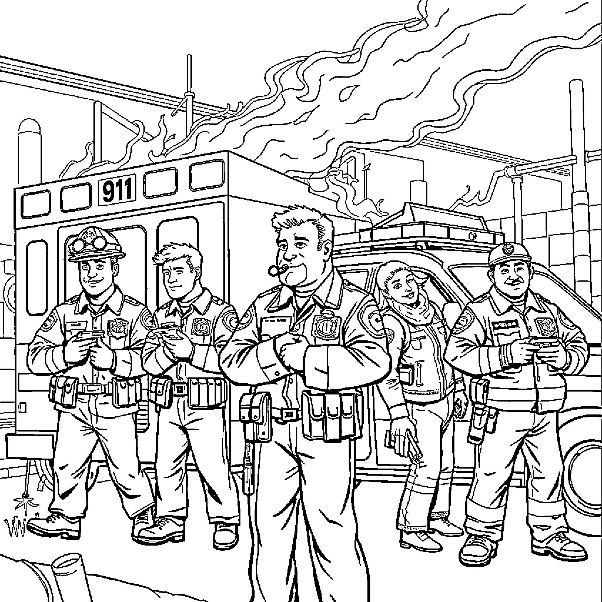 911 Emergency Responders Facing Urgent Situation Coloring Page (free black-and-white line drawing printable PDF for all, from beginners to advanced learners, including children, teens, adults, and seniors)