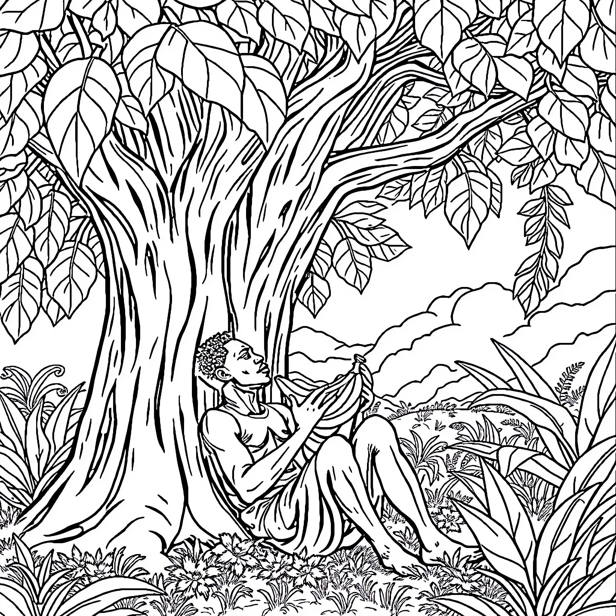 African Man Reclining Peacefully in Lush Foliage Coloring Page (free black-and-white line drawing printable PDF for all, from beginners to advanced learners, including children, teens, adults, and seniors)