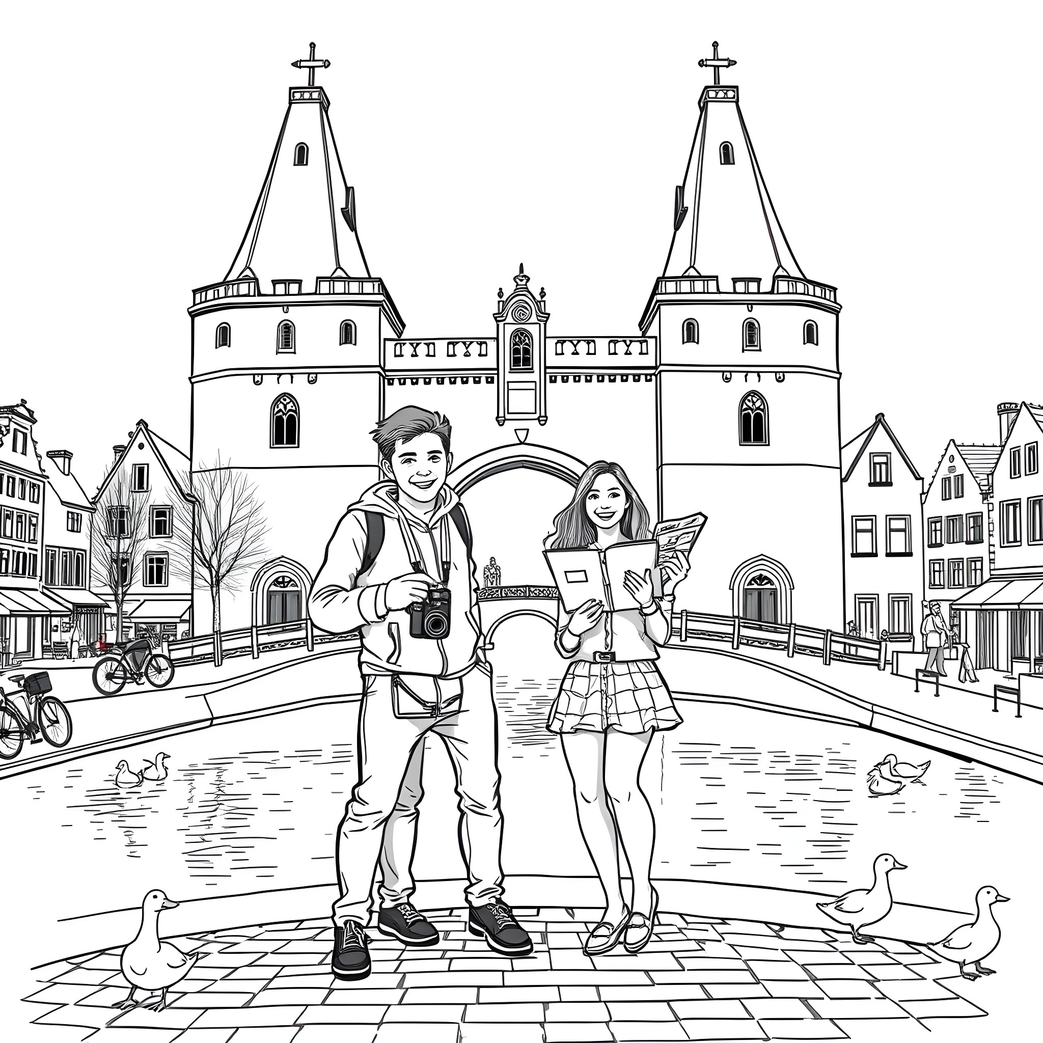 Tourist couple exploring medieval city architecture Coloring Page (free black-and-white line drawing printable PDF for all, from beginners to advanced learners, including children, teens, adults, and seniors)