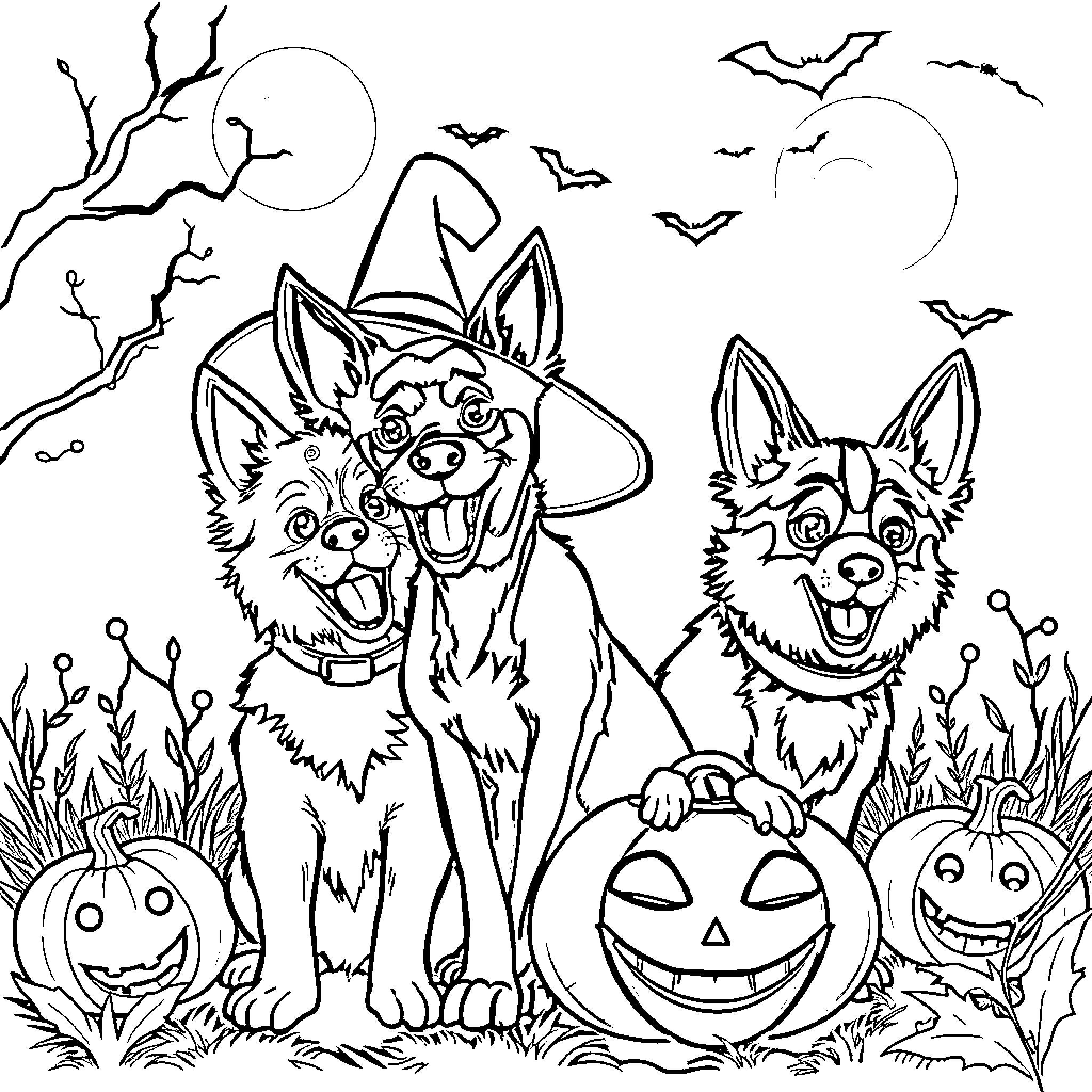 Patrulla Canina Halloween Adventure Coloring Page (free black-and-white line drawing printable PDF for all, from beginners to advanced learners, including children, teens, adults, and seniors)