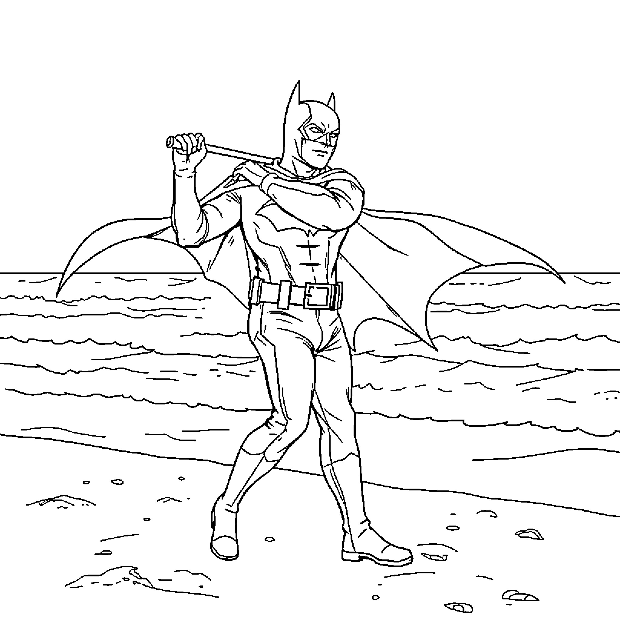Batman standing heroically on the beach Coloring Page (free black-and-white line drawing printable PDF for all, from beginners to advanced learners, including children, teens, adults, and seniors)