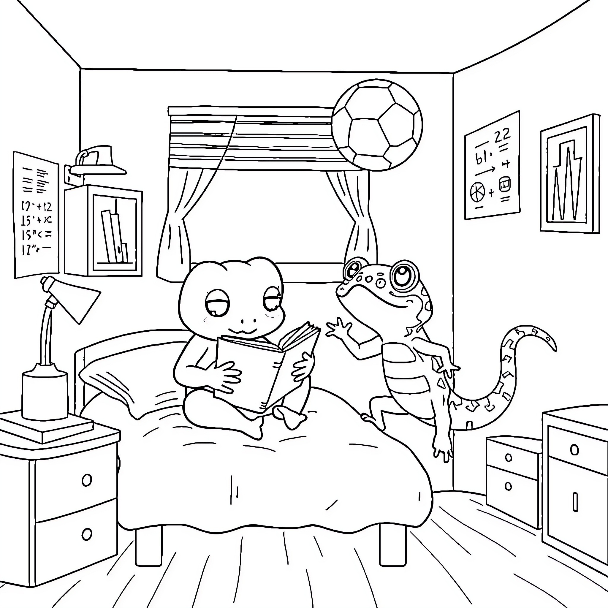 Frog reading book with friend in bedroom Coloring Page (free black-and-white line drawing printable PDF for all, from beginners to advanced learners, including children, teens, adults, and seniors)
