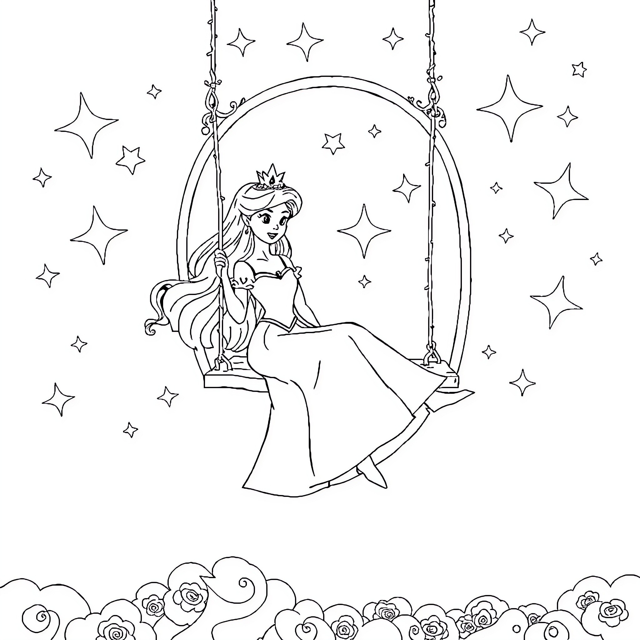 Princess on a Starry Night Swing Coloring Page (free black-and-white line drawing printable PDF for all, from beginners to advanced learners, including children, teens, adults, and seniors)