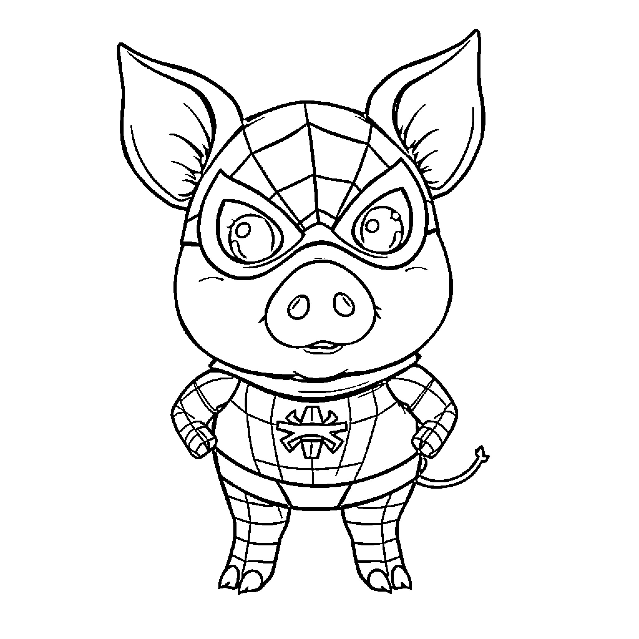 Spiderman pig character in cartoon outfit Coloring Page (free black-and-white line drawing printable PDF for all, from beginners to advanced learners, including children, teens, adults, and seniors)