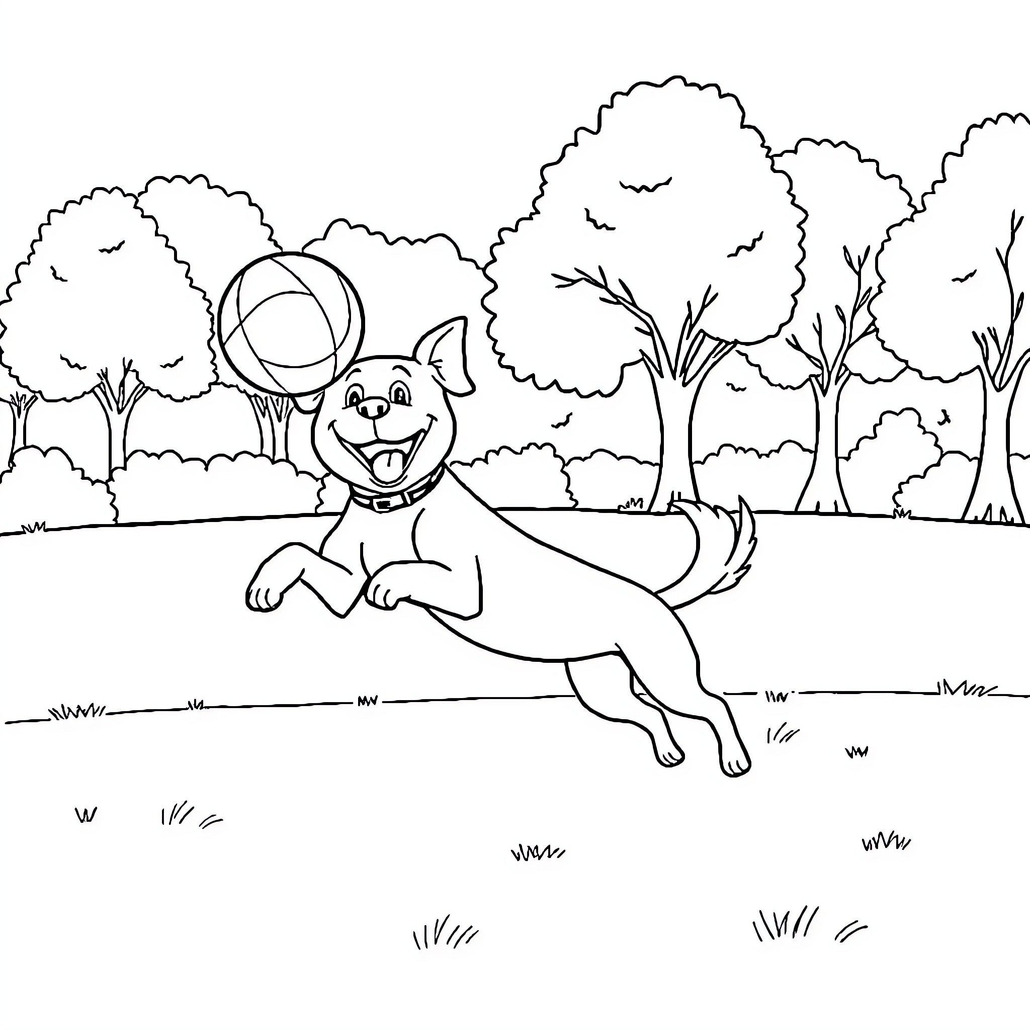 Dog playing joyfully in the forest Coloring Page (free black-and-white line drawing printable PDF for all, from beginners to advanced learners, including children, teens, adults, and seniors)