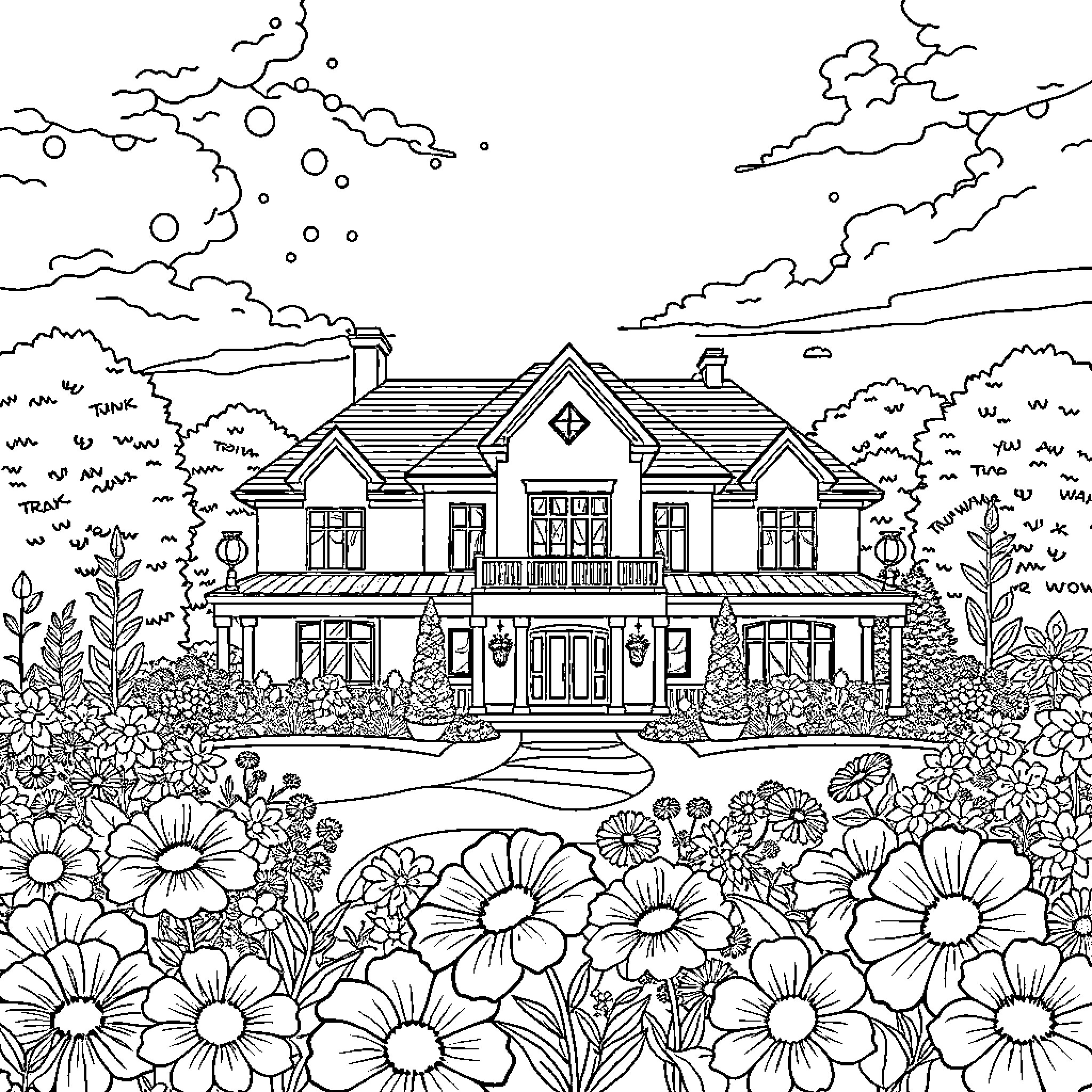 Mansion surrounded by blooming flowers and nature Coloring Page (free black-and-white line drawing printable PDF for all, from beginners to advanced learners, including children, teens, adults, and seniors)