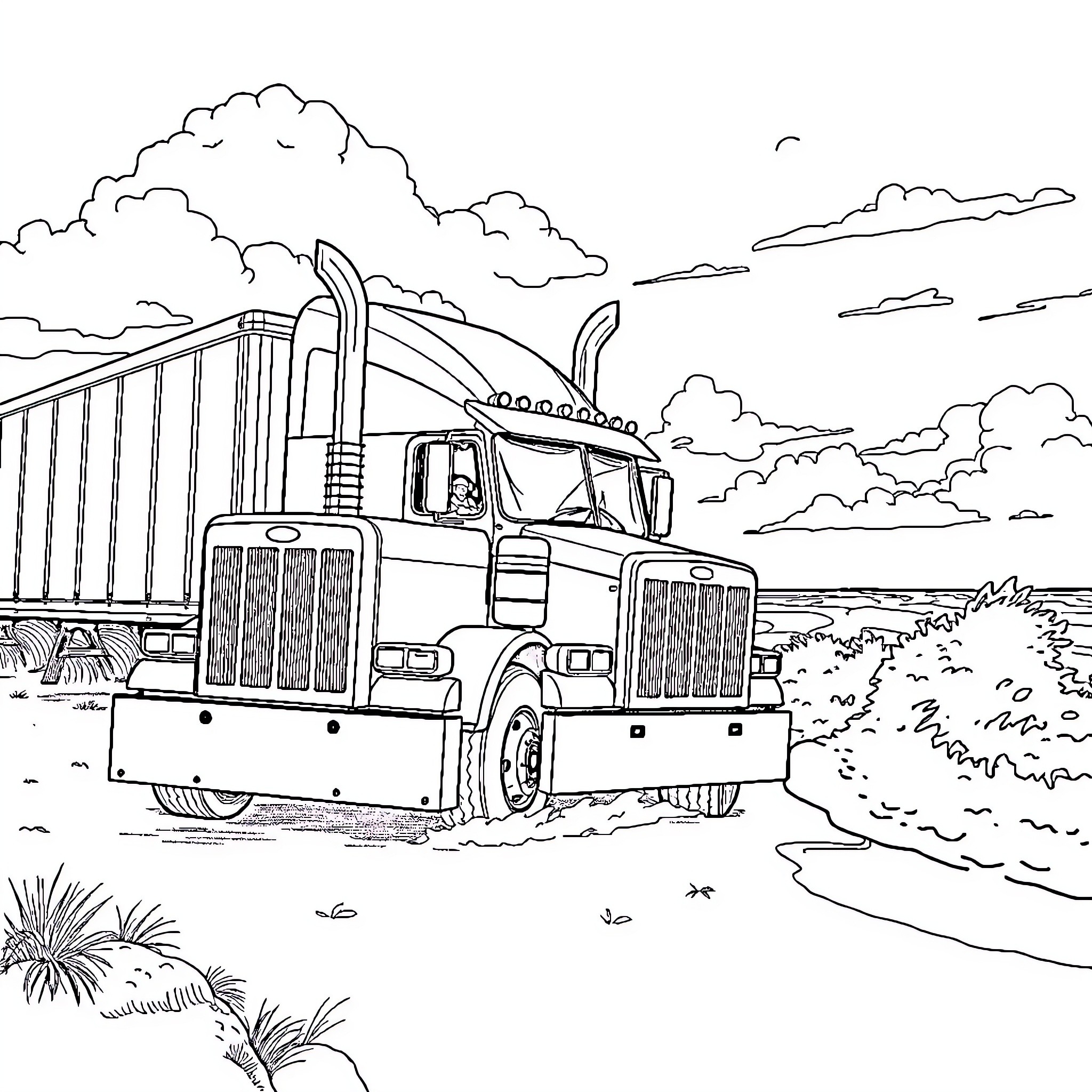 Truck traversing scenic rural landscape Coloring Page (free black-and-white line drawing printable PDF for all, from beginners to advanced learners, including children, teens, adults, and seniors)