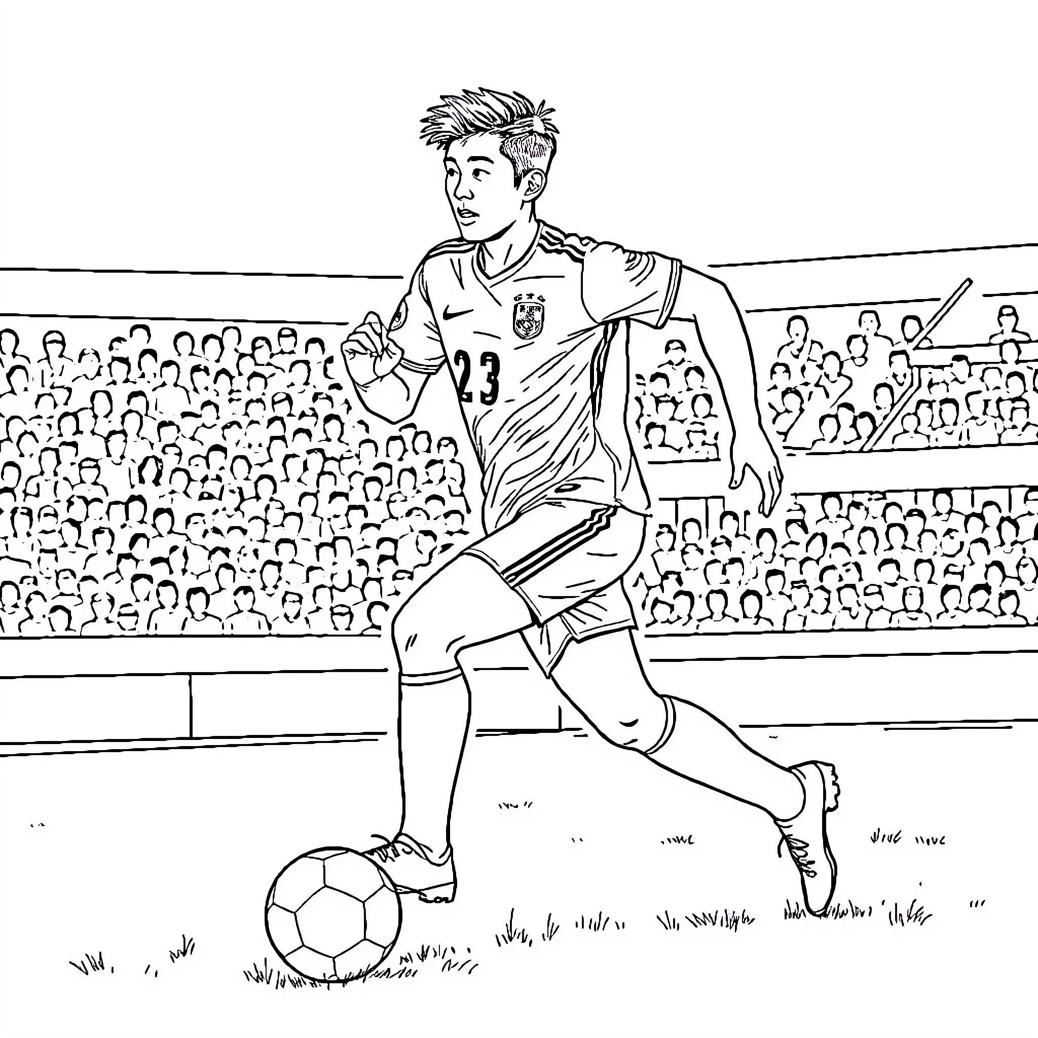 Son Heung Min playing soccer on the field Coloring Page (free black-and-white line drawing printable PDF for all, from beginners to advanced learners, including children, teens, adults, and seniors)